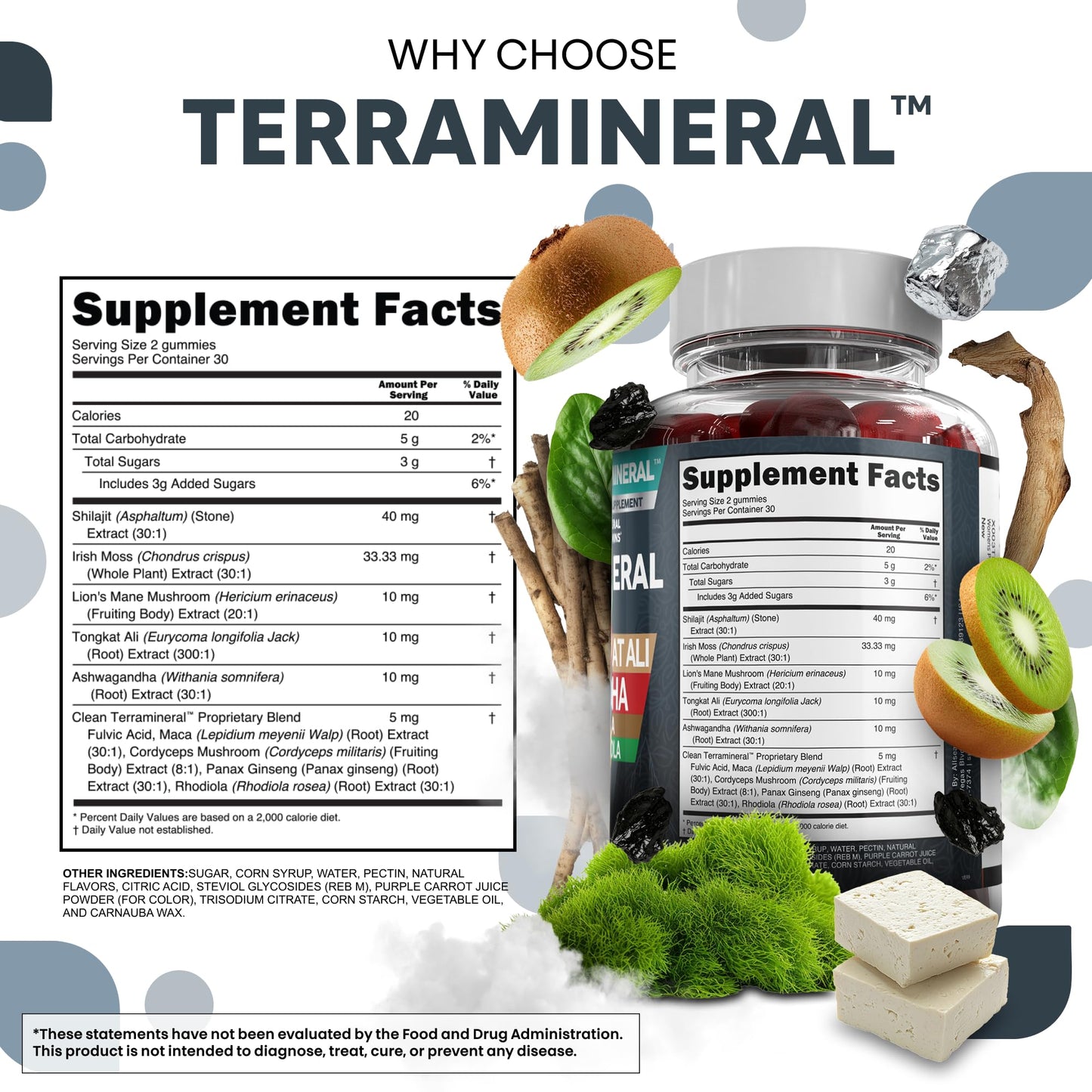 Clean Nutraceuticals Terramineral Shilajit Gummies with Irish Sea Moss Tongkat Ali Ashwagandha Lion's Mane MACA Panax Ginseng Rhodiola & Cordyceps, 60 Gummies
