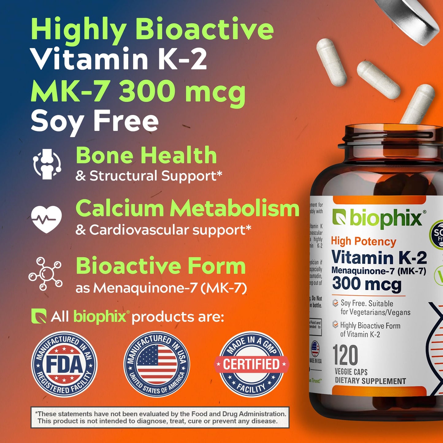 Biophix Vitamin K2 MK-7 300mcg, 120 Capsules