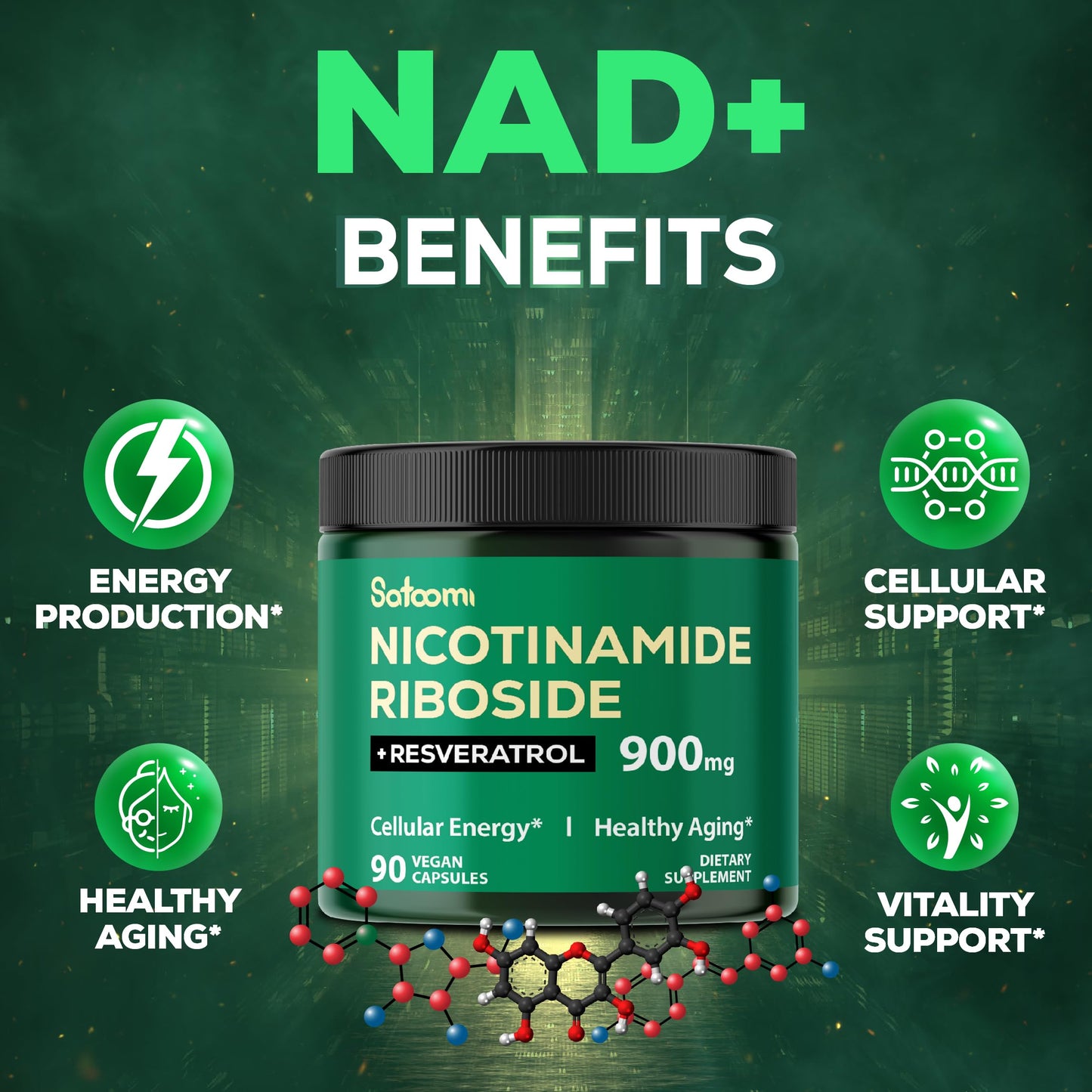 Satoomi NAD Supplement with Liposomal Nicotinamide Riboside 900 mg NR, Resveratrol, Quercetin Capsules, 90 Count