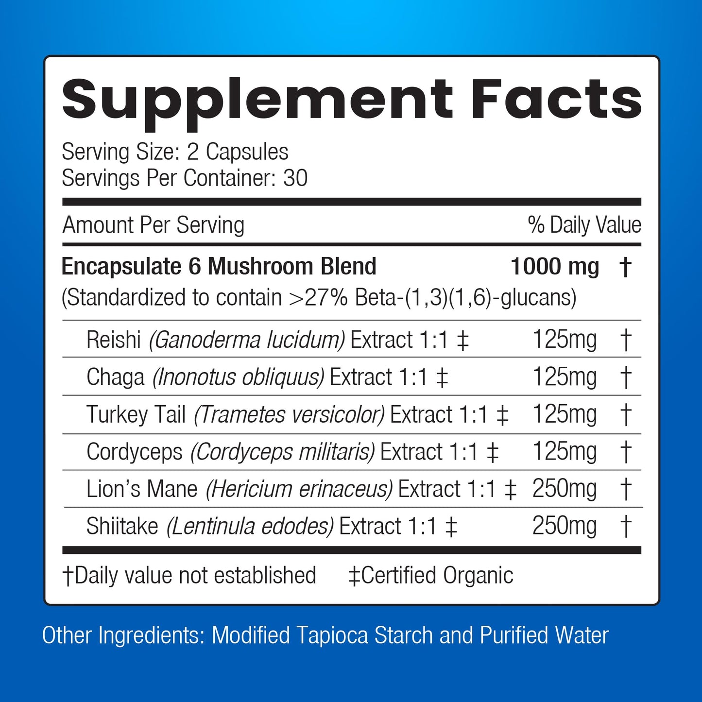 ENCAPSULATE 6 Mushroom Blend 1000mg – Reishi, Chaga, Turkey Tail, Cordyceps, Lion’s Mane & Shiitake 1:1 Mushroom Extract – Adaptogen Mushroom Supplement for Gut, Brain & Immune Support, 60 Capsules