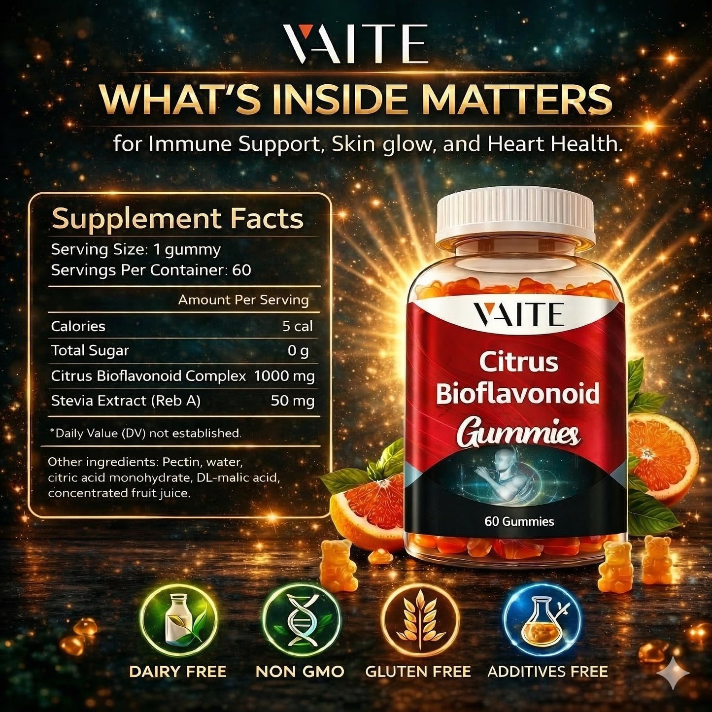 VAITE Citrus Bioflavonoid Complex Supplement 1000mg Gummies, 60 Count