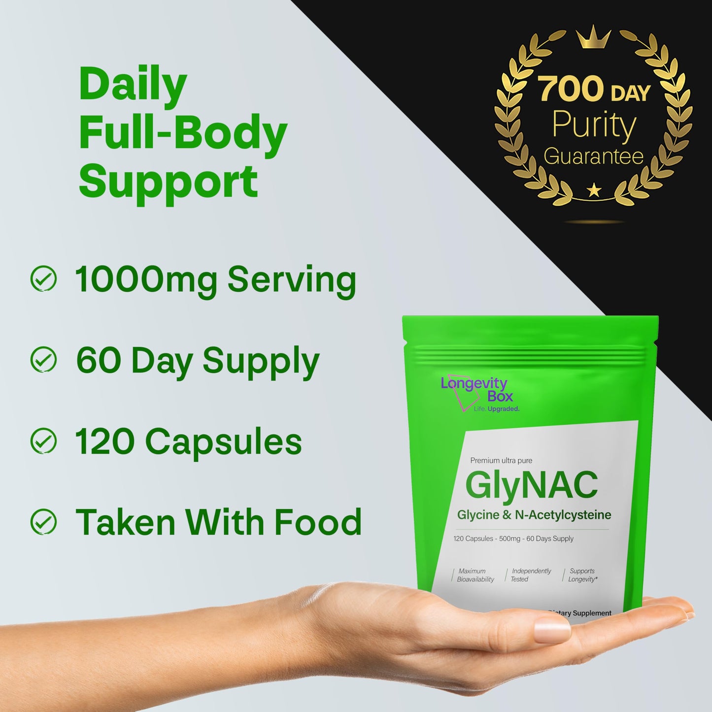 Longevity Box Ultra Pure GlyNAC Supplement 1000mg (500mg Glycine + 500mg N-Acetyl Cysteine) - Glutathione Precursor, 120 Capsules