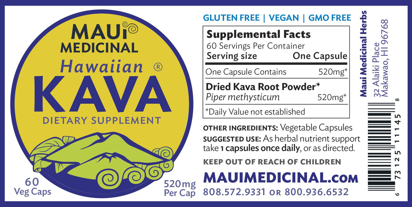 Maui Medicinal Herbs Hawaiian Kava Root Capsules, 60 Veggie Capsules, 520mg per Capsule