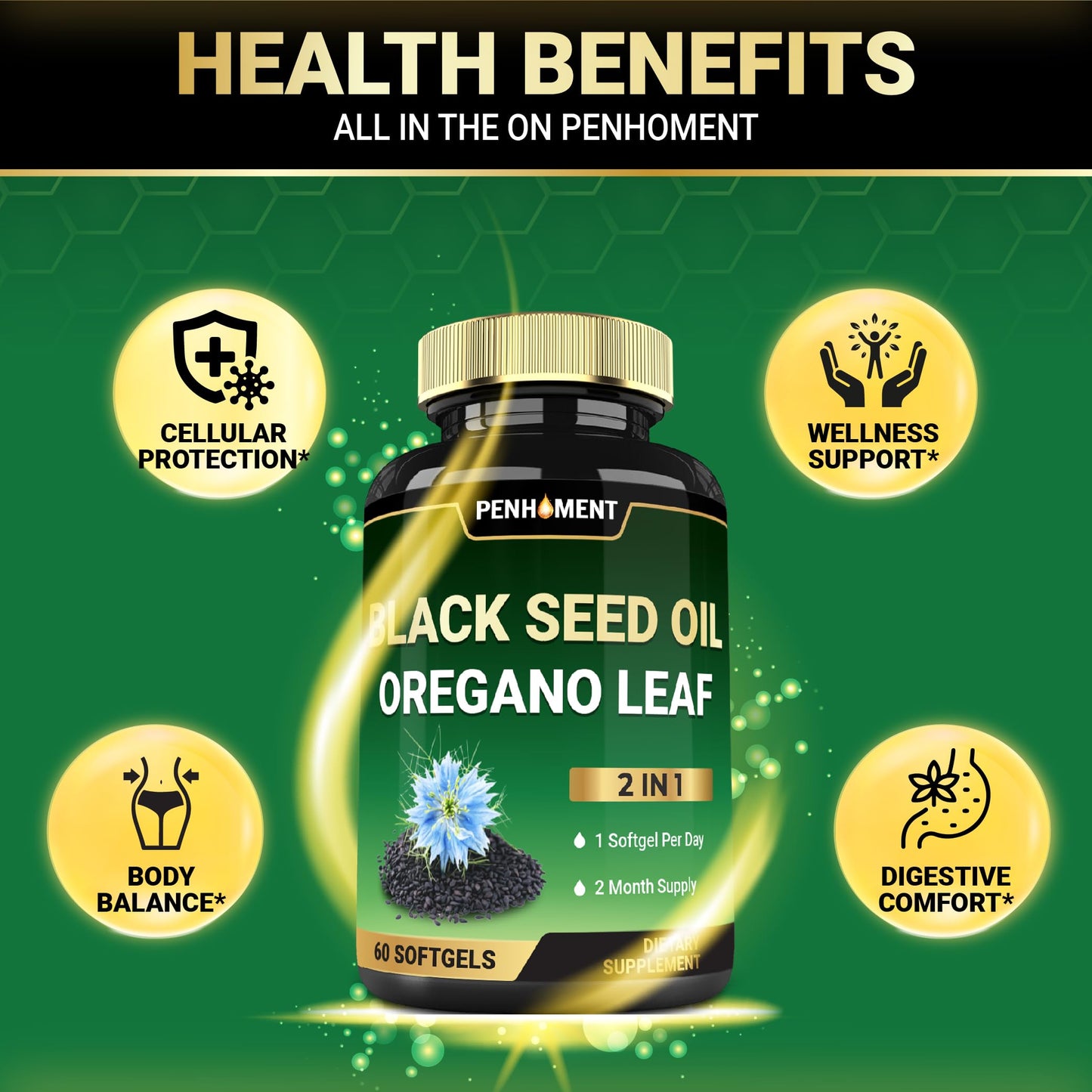 Penhoment Black Seed Oil with Oil of Oregano 550 mg Softgels, 60 Count