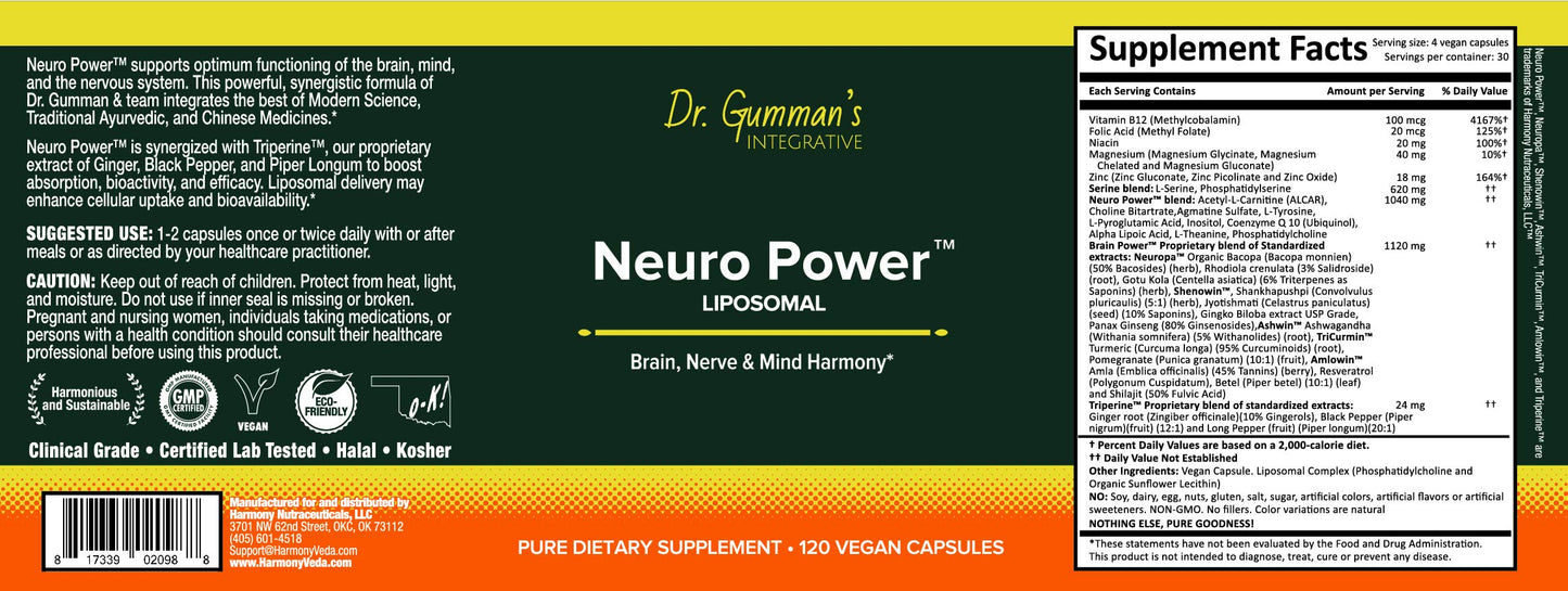Harmony Nutraceuticals Neuro Power Liposomal Dr. Gumman's Integrative Support for Brain, Nerve & Mind Capsule 120 Count