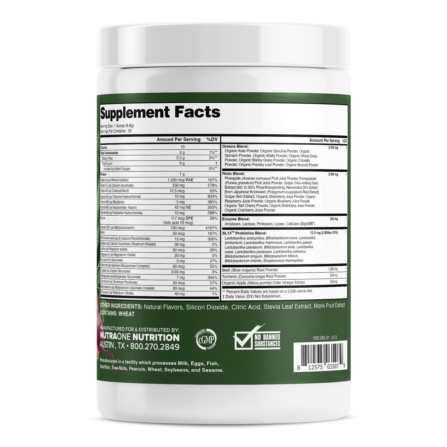 NutraOne Complete Superfoods, Greens & Reds Blend, Apple Cider Vinegar, Digestive Enzyme Blend, Probiotic Blend, Multivitamin Powder 9.31 oz