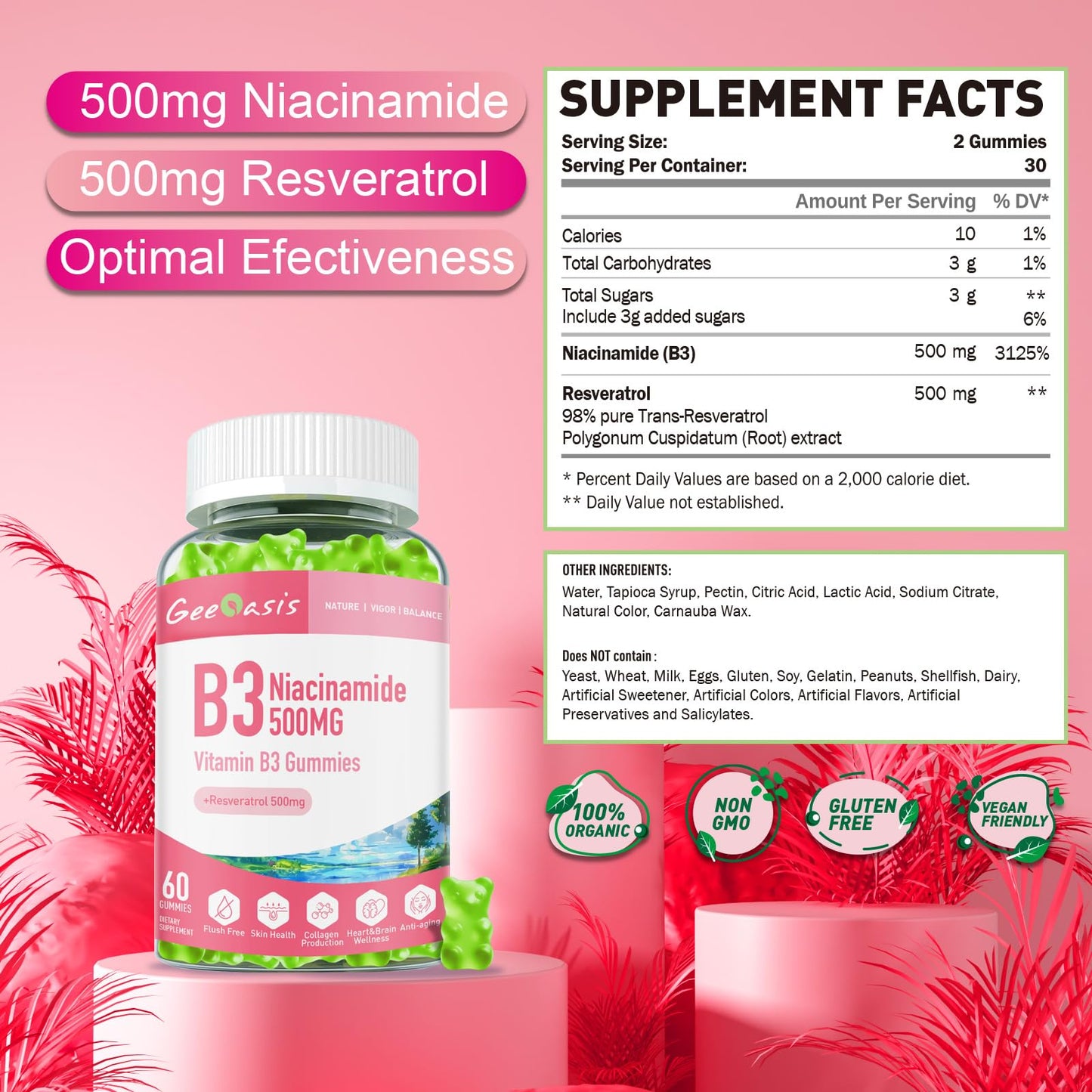 Geeoasis Niacinamide 500mg Gummies with Resveratrol 500mg, 60 Count