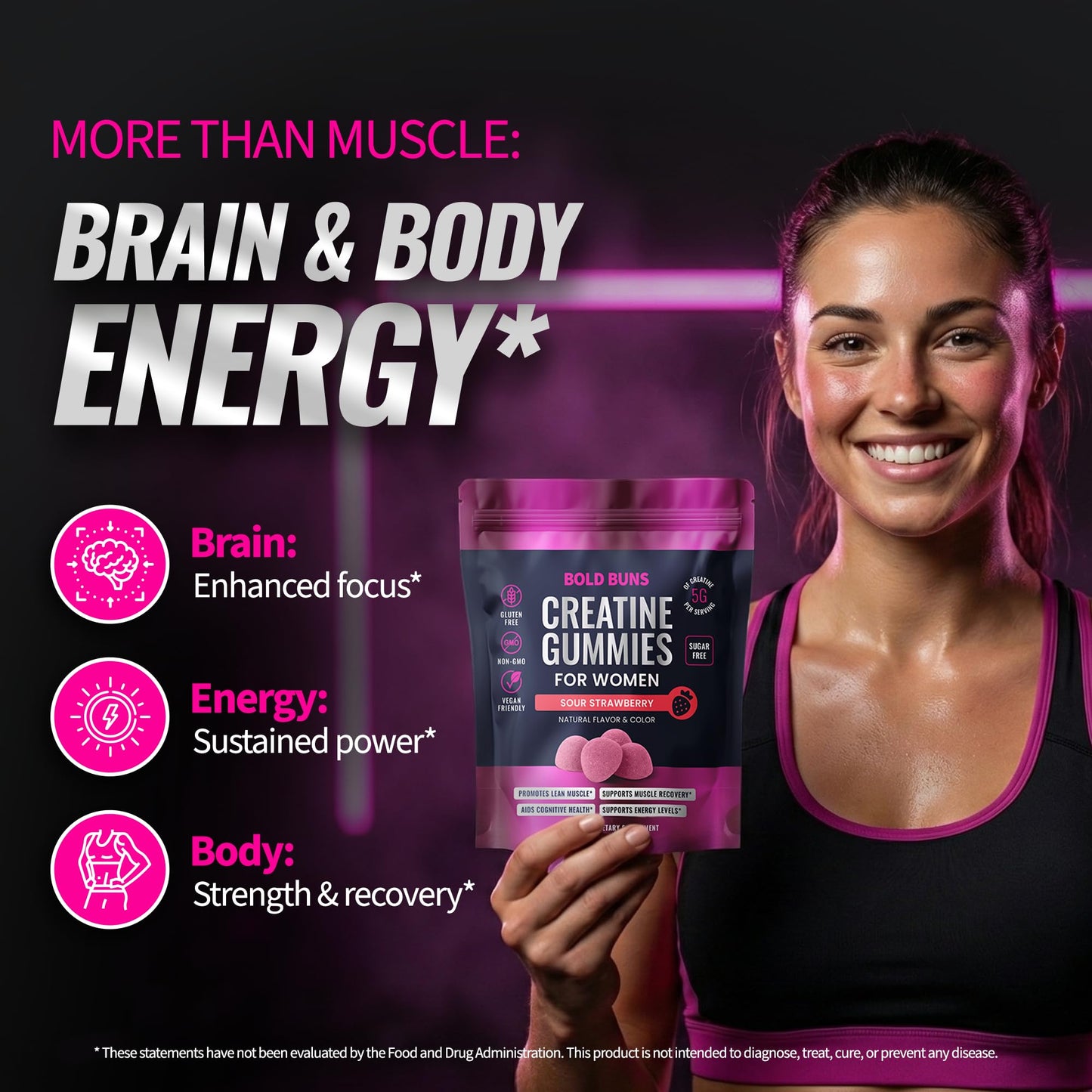 Bold Buns Creatine Monohydrate Gummies for Women 60 Count