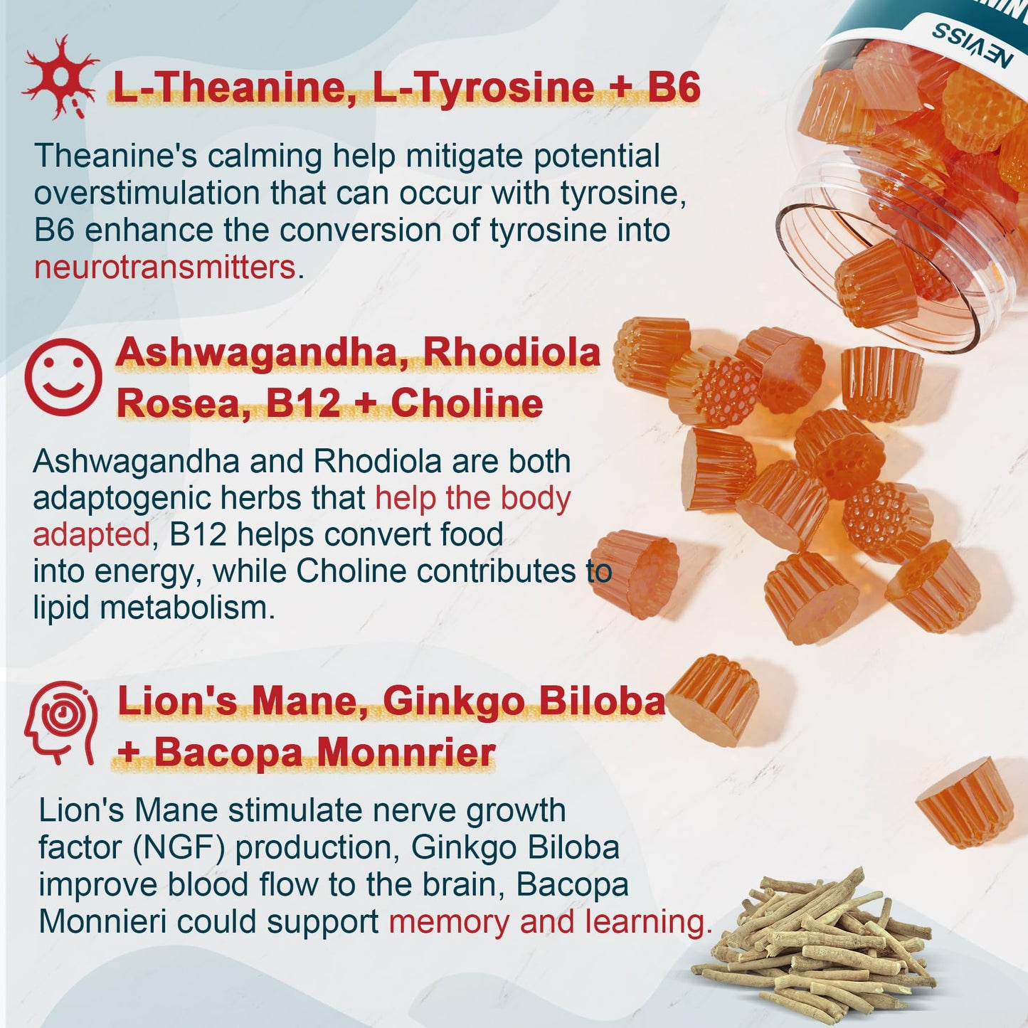 NEVISS Sugar Free L-Tyrosine Gummies with L-Theanine 200mg, B6 100mg, B12 500mcg, Brain Health Herbs 300mg with Ginkgo Biloba, Rhodiola Rosea, Lion's Mane for Sustained Focus & Energy, 60 Gummies