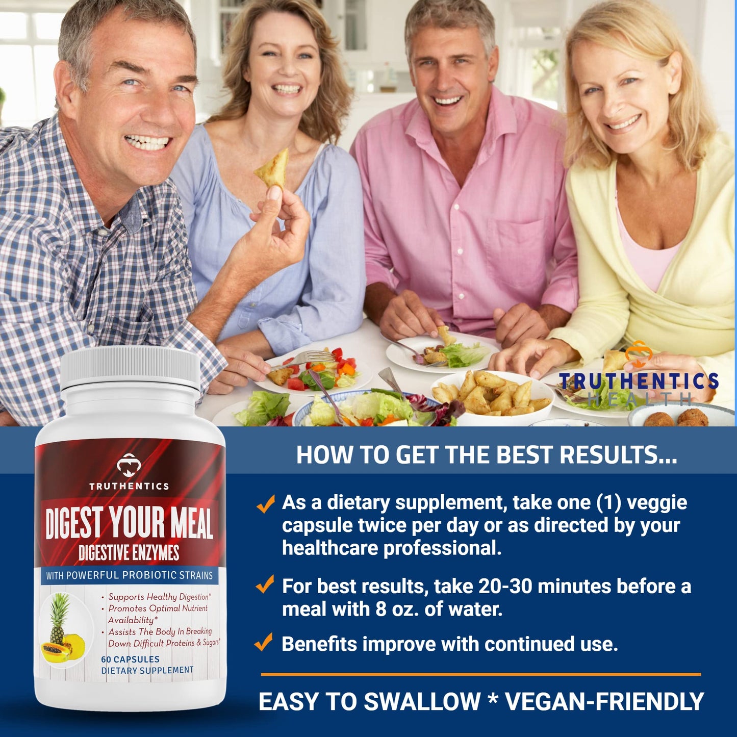 TRUTHENTICS Digestive Enzymes Plus Probiotics & Prebiotics Capsules, 60 Capsules