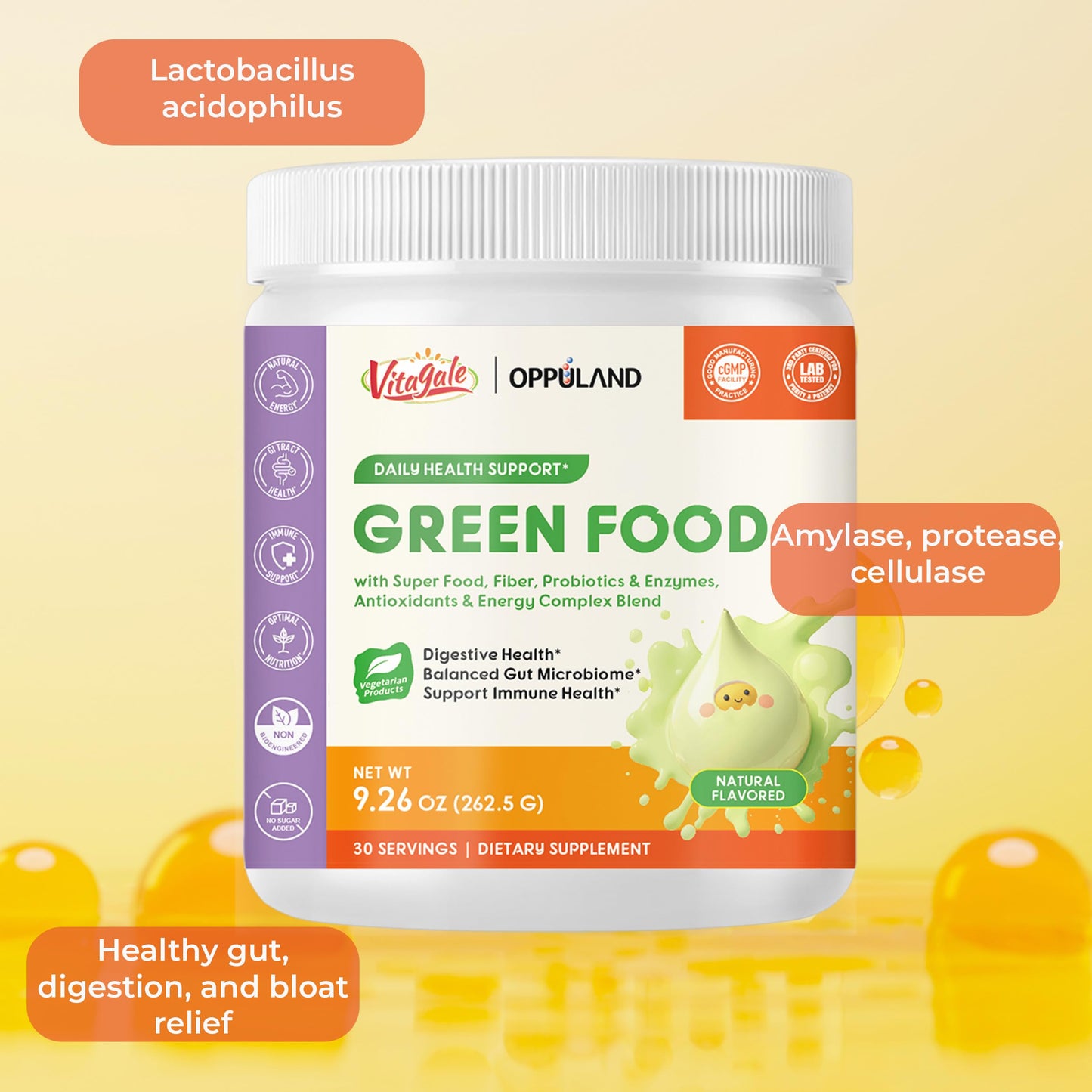 oppuland Green Food – Superfood Greens with Spirulina, Chlorella, Barley Grass, Probiotics & Enzymes Powder 9.26 oz