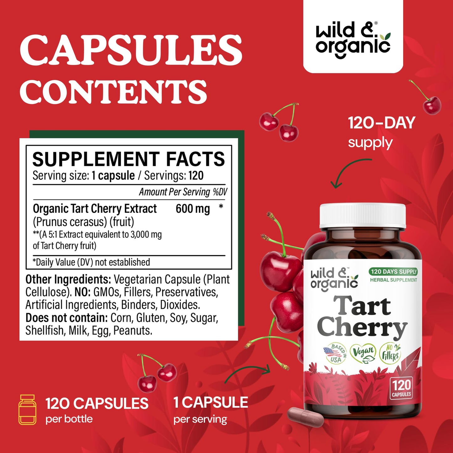 Wild & Organic Tart Cherry 600 mg Capsules, 120 Count