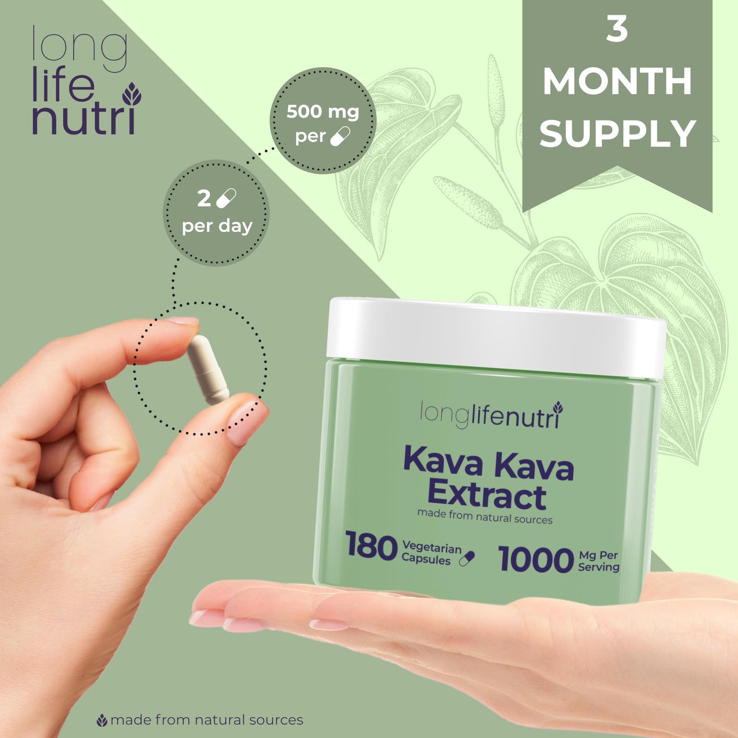 LongLifeNutri Kava Kava Extract 1000mg Capsules, 180 Count