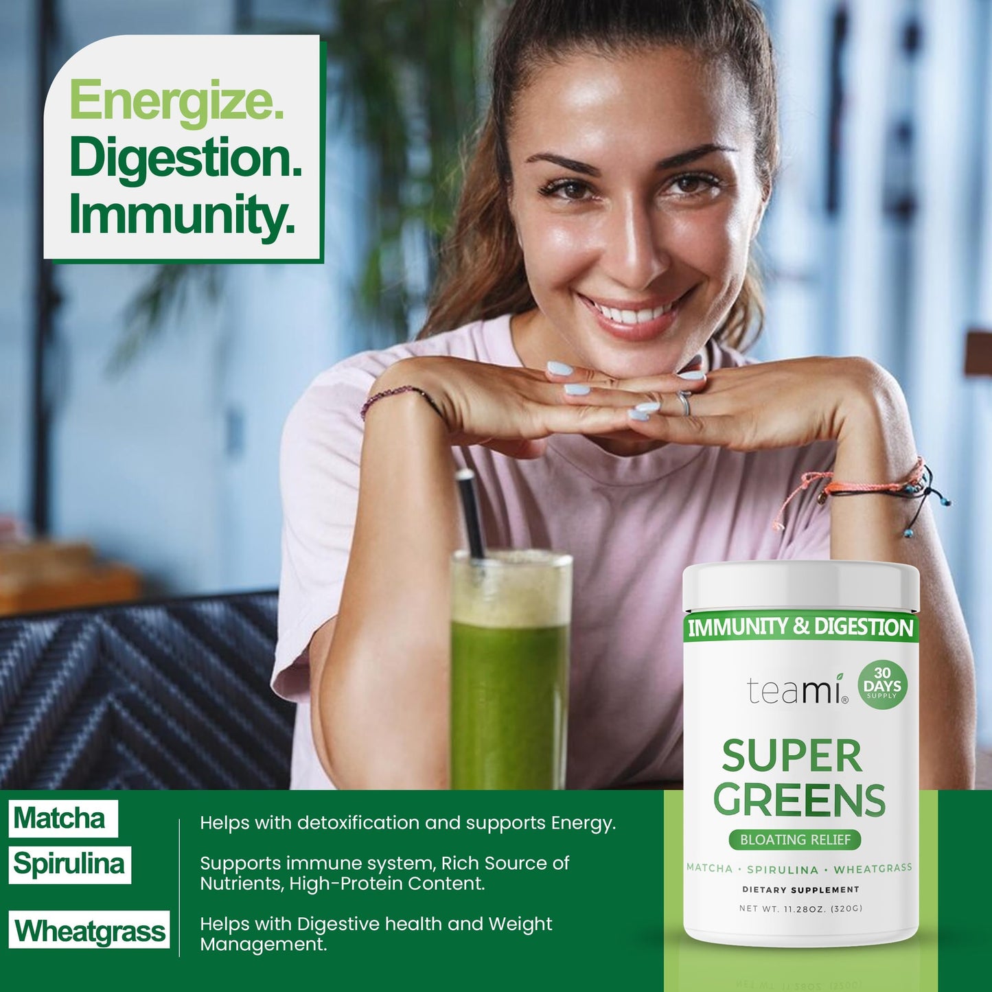 Teami Organic Super Greens Powder for Immunity & Digestion, 11.28 Ounce