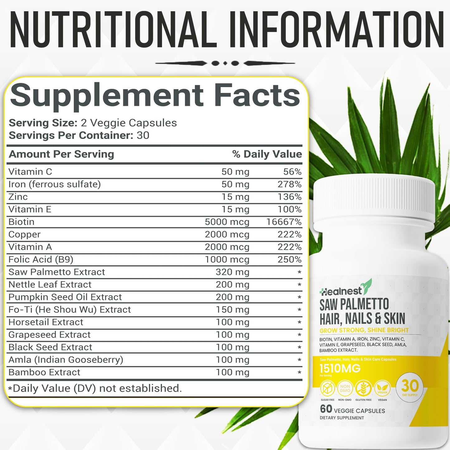HEALNEST Hair, Nails & Skin Care Supplement with Saw Palmetto, Biotin, Amla - Veggie Capsules, 60 Count