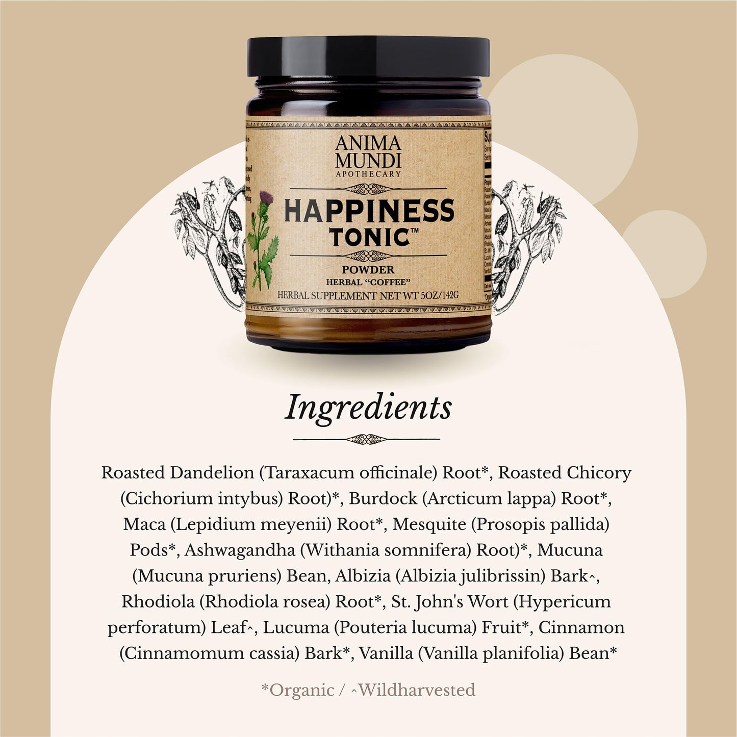 Anima Mundi Apothecary Herbal Coffee Substitute with Chicory Root & Ashwagandha - Happiness Tonic Powder, 5 oz