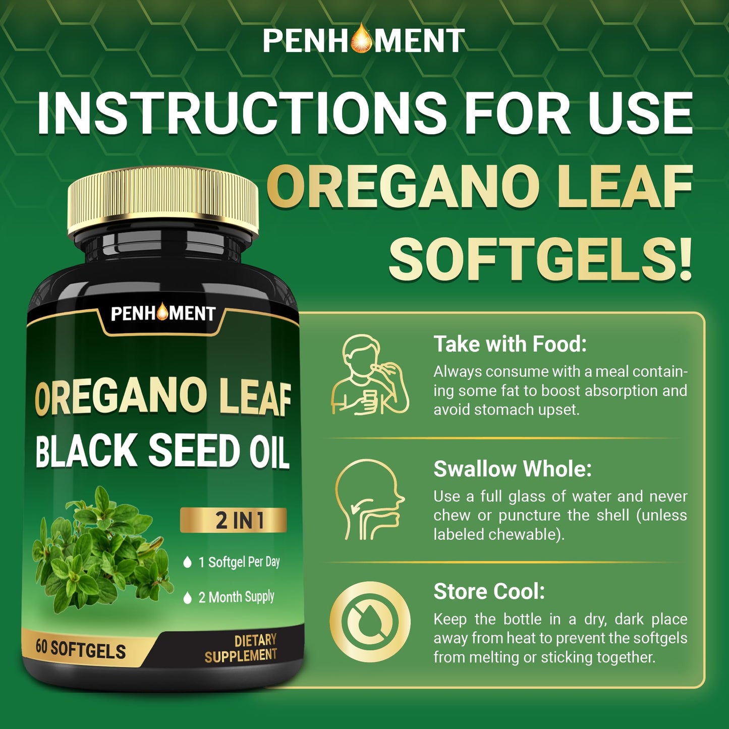 Penhoment 550 mg Oil of Oregano with Black Seed Oil Softgel, 60 Softgels