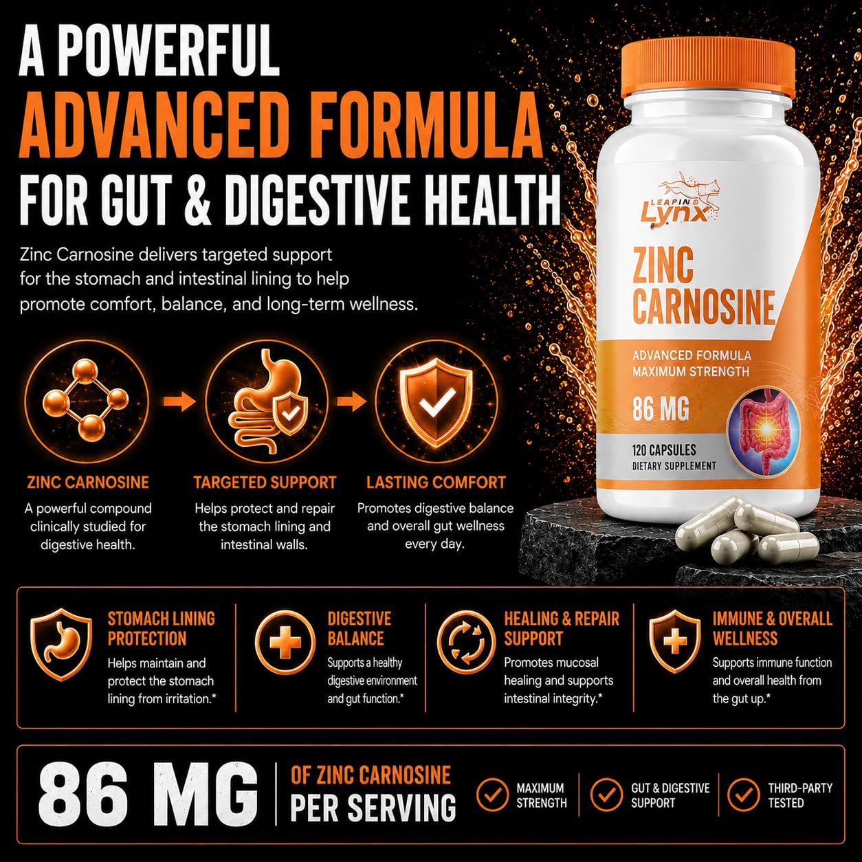 Leaping Lynx Zinc Carnosine 86 mg – Clinically Studied Zinc + L-Carnosine Complex for Gut Lining & Stomach Support, 120 Capsules