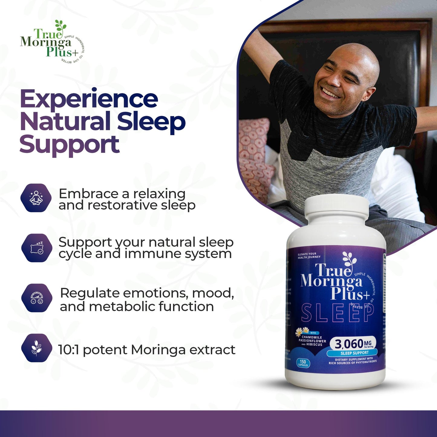True Moringa Plus+ Sleep Support Supplement 10:1 Extract Capsules, 150 Count