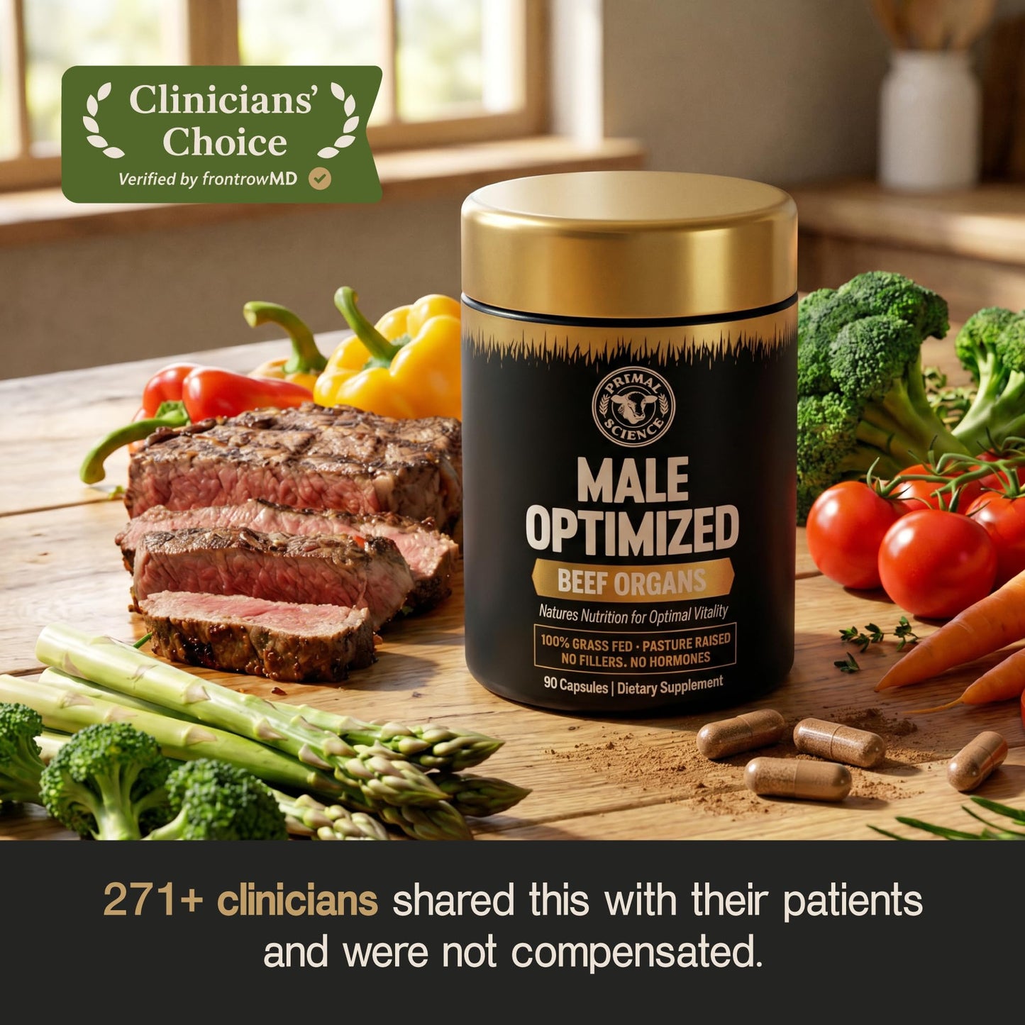 Primal Science Beef Organ Supplement for Men 100% Grass Fed Beef Testicle, Prostate, Liver & Bone Matrix High Absorption with Black Pepper Non-GMO, Hormone Free, Made in USA 90 Capsules