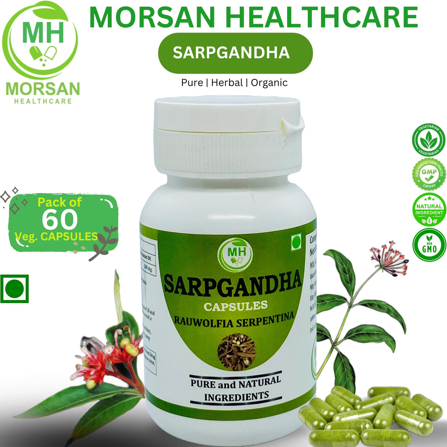 Generic Sarpgandha (Rauvolfia Serpentina) 500 mg Capsules, Veg. Capsules, 60 Count