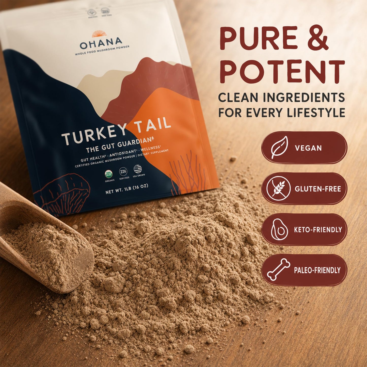 Ohana Mushrooms Turkey Tail Organic Mushrooms Powder Blend, 16 oz