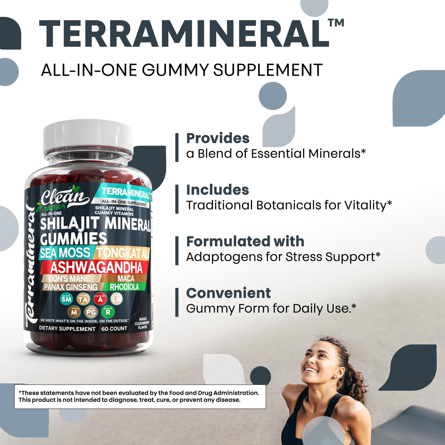 Clean Nutraceuticals Terramineral Shilajit Gummies with Irish Sea Moss Tongkat Ali Ashwagandha Lion's Mane MACA Panax Ginseng Rhodiola & Cordyceps, 60 Gummies