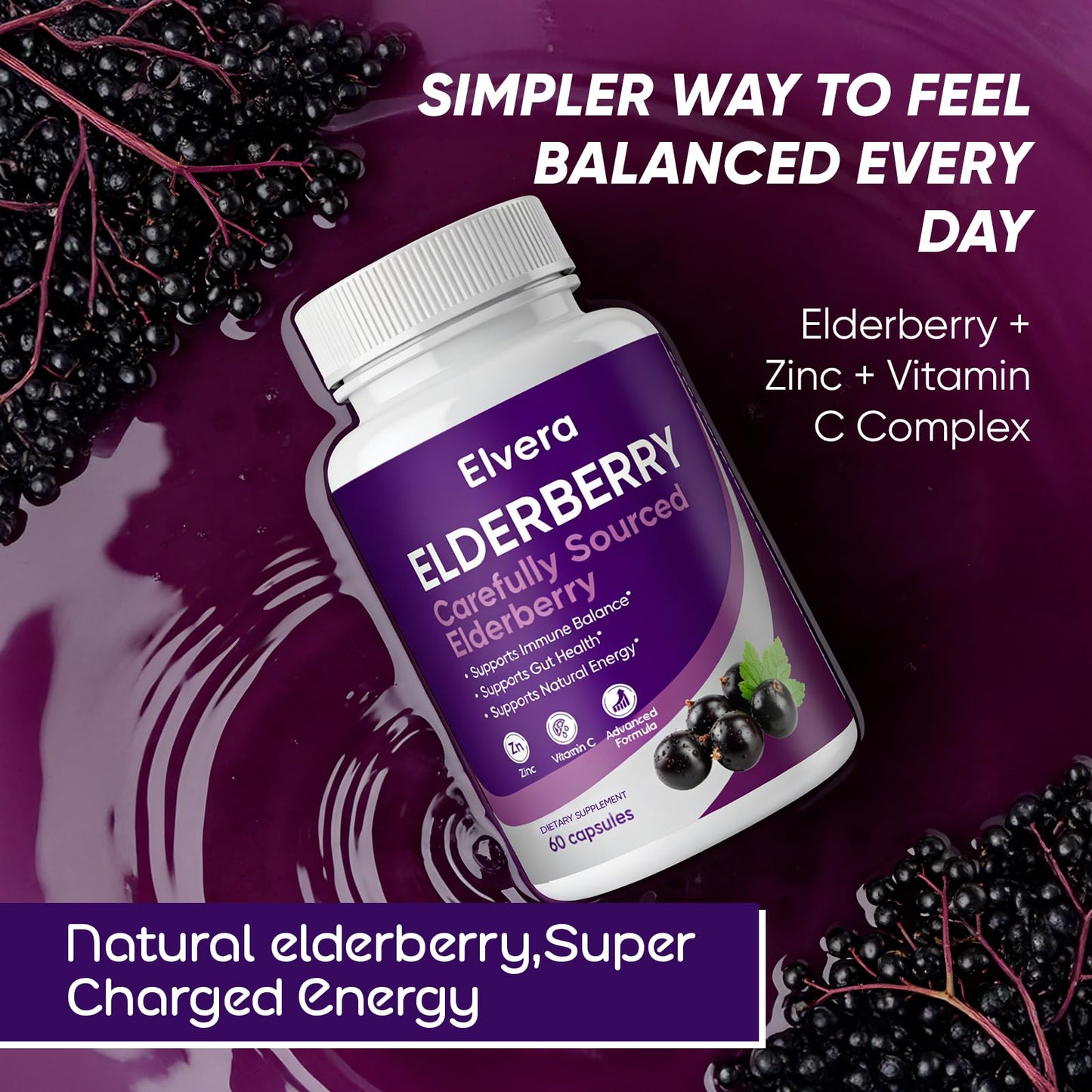 UOZXIL Elvera Elderberry Gut Support Complex 1200 mg Sambucus Elderberry Extract, Zinc + Vitamin C Advanced Formula, Digestive Wellness & Boost Energy, 60 Capsules