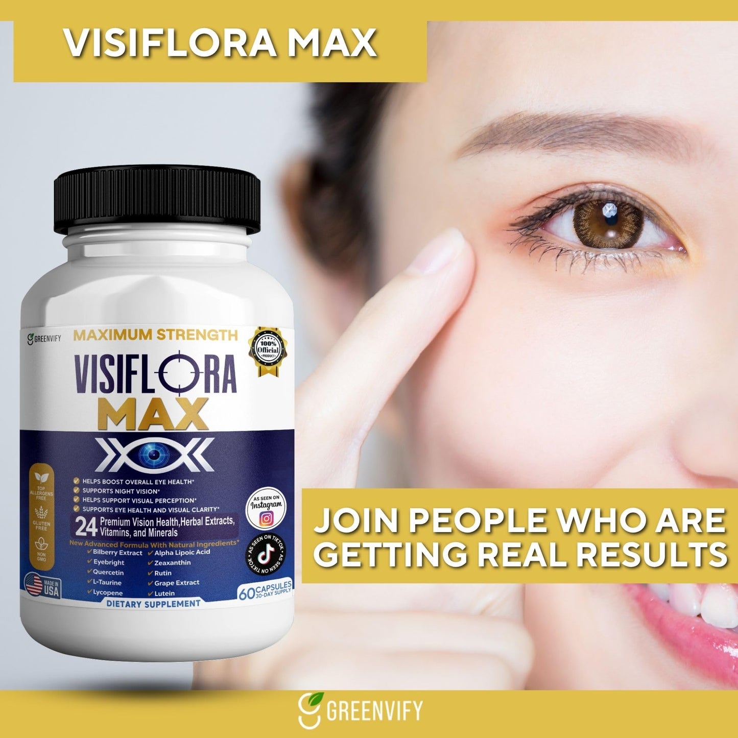 GREENVIFY VisiFlora Max Eye Health Supplement, Vitamins and Minerals, Lutein, Bilberry Extract, 60 Capsules