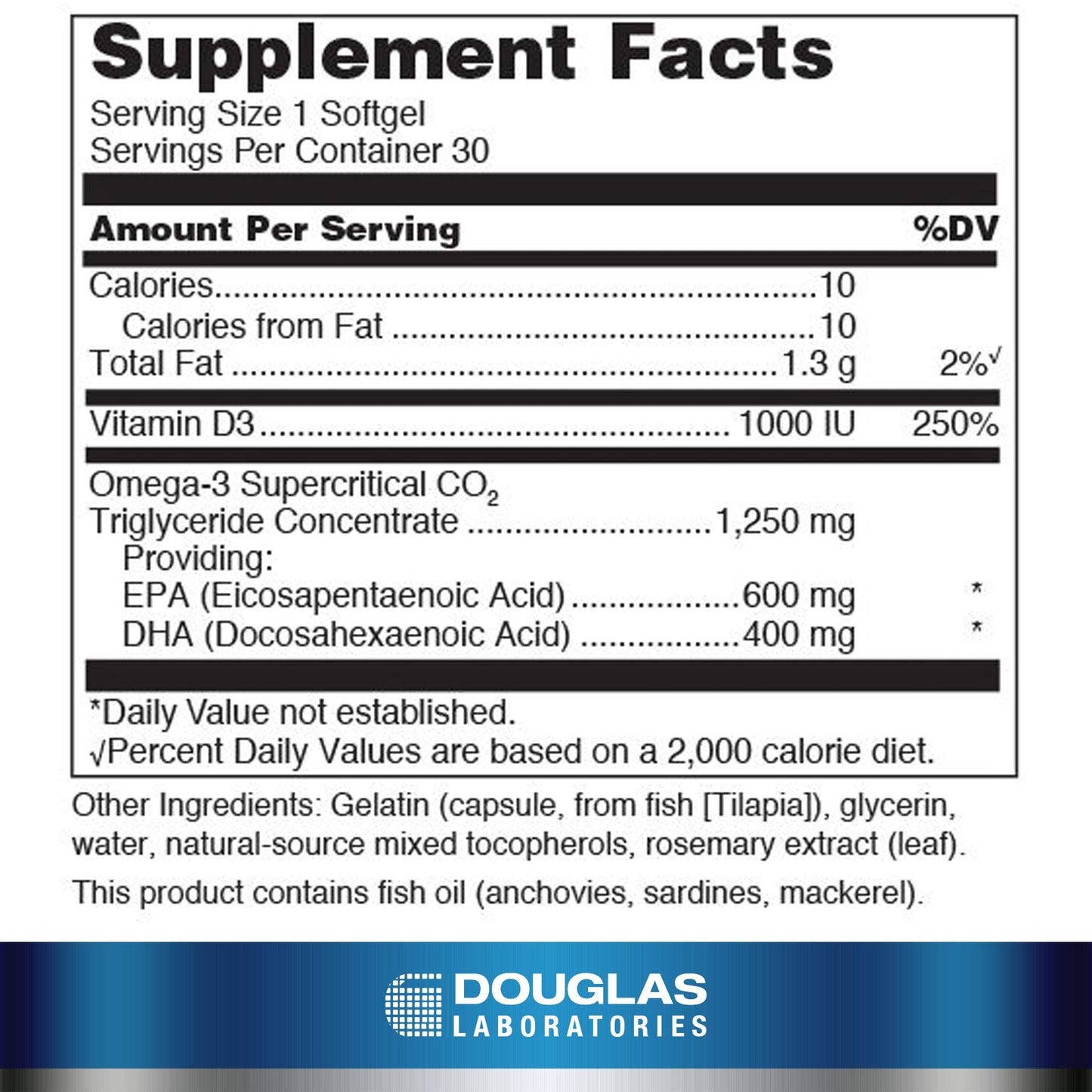 Douglas Laboratories Quell Fish Oil EPA/DHA Plus D 3:2 EPA/DHA Ratio, Vitamin D3 1000 IU Capsule, 30 Capsules