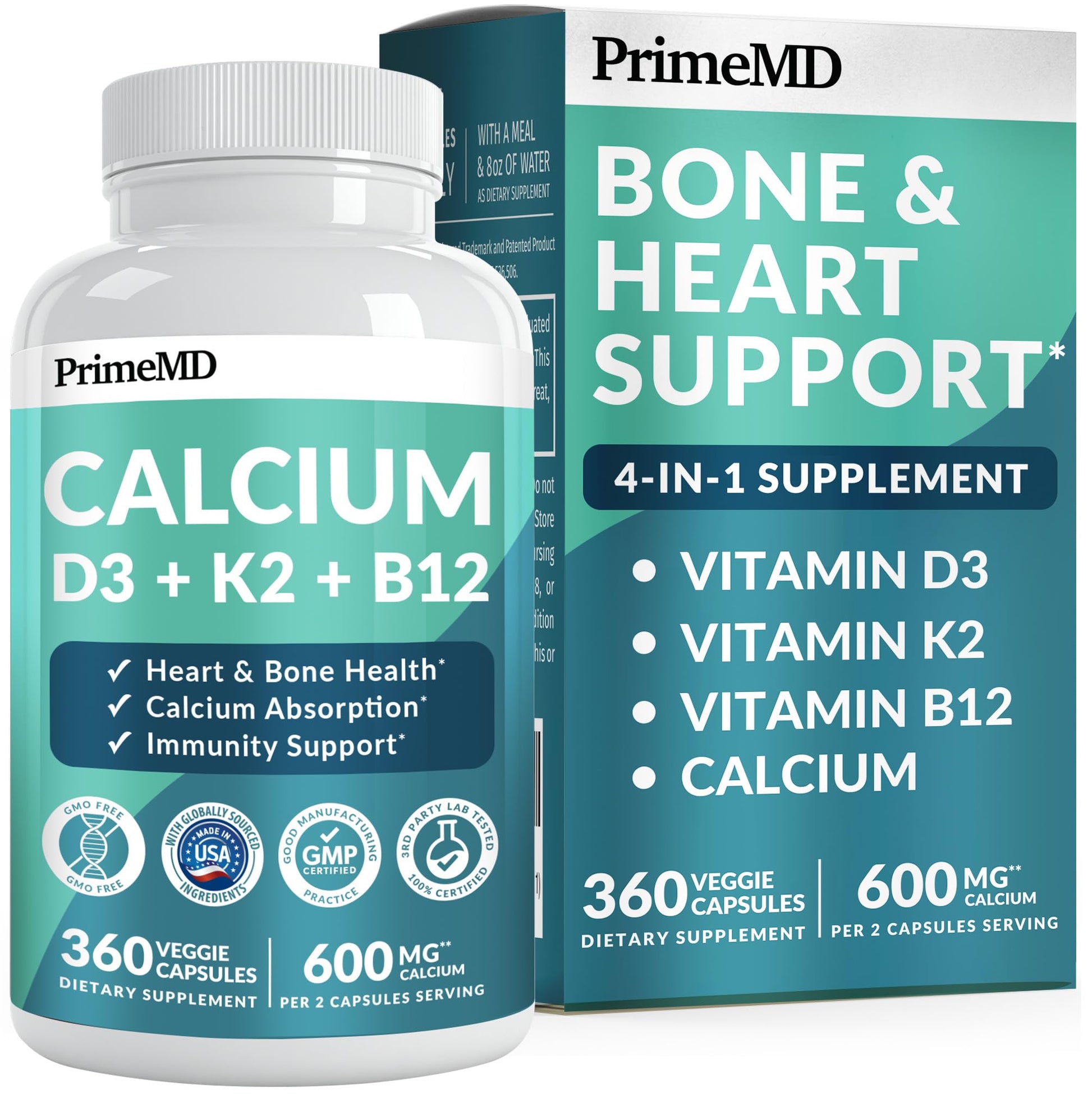 PrimeMD 4-in-1 Calcium Supplements for Women & Men Calcium Citrate with D3 K2 Vitamin 5000 IU, Calcium 600mg with Vitamin D3 K2 Everyday Vitality Capsule, 360 Capsules