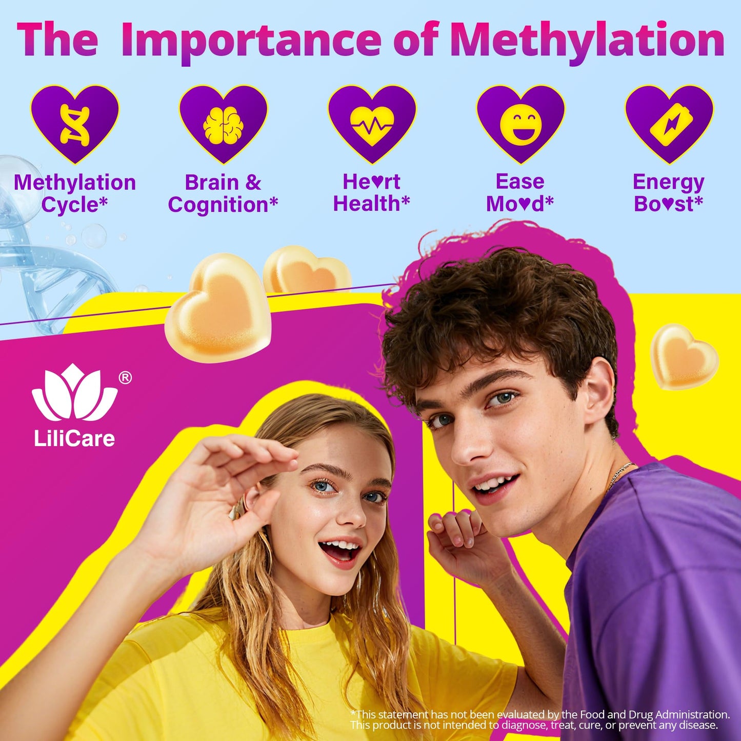 LILICARE L-MethylFolate + B12 Gummies, Methylated B Complex + TMG, Magnesium & Choline, 5-MTHF(B9) Active + Methyl B12, B6, Sugar Free, 60 Count