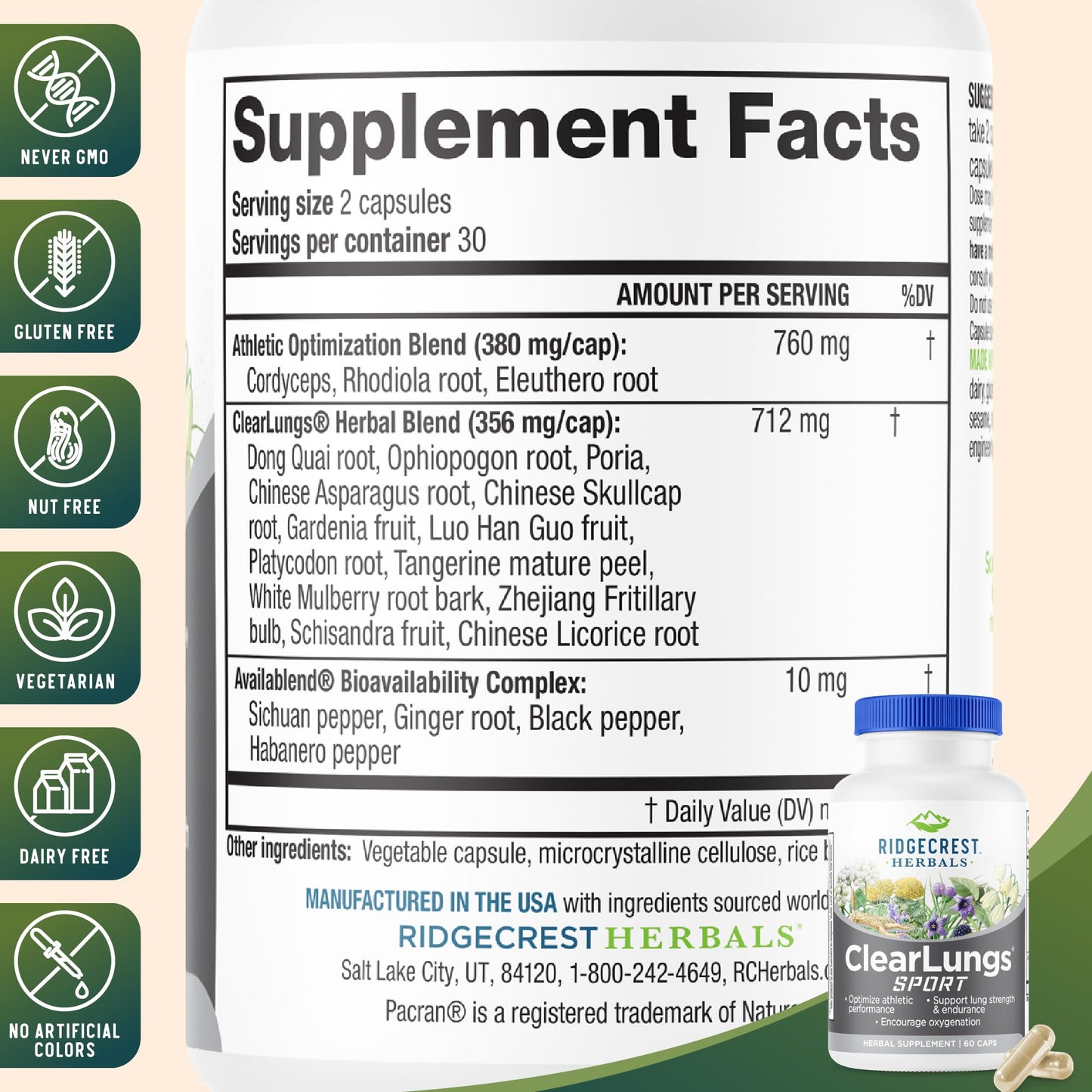 RidgeCrest Herbals ClearLungs Sport Oxygen Intake and Lung Support Formula with Cordyceps, Rhodiola, Eleuthero, 60 Capsules