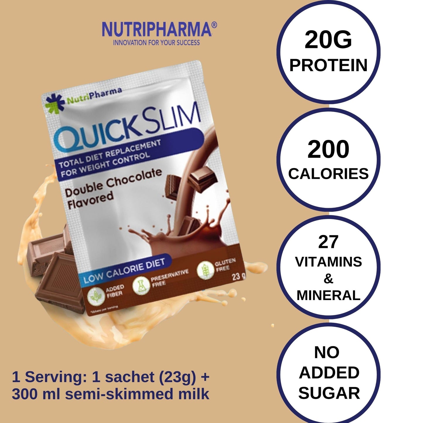 NUTRIPHARMA Quick Slim Meal Replacement Shake Powder for Weight Loss, 30 Sachets