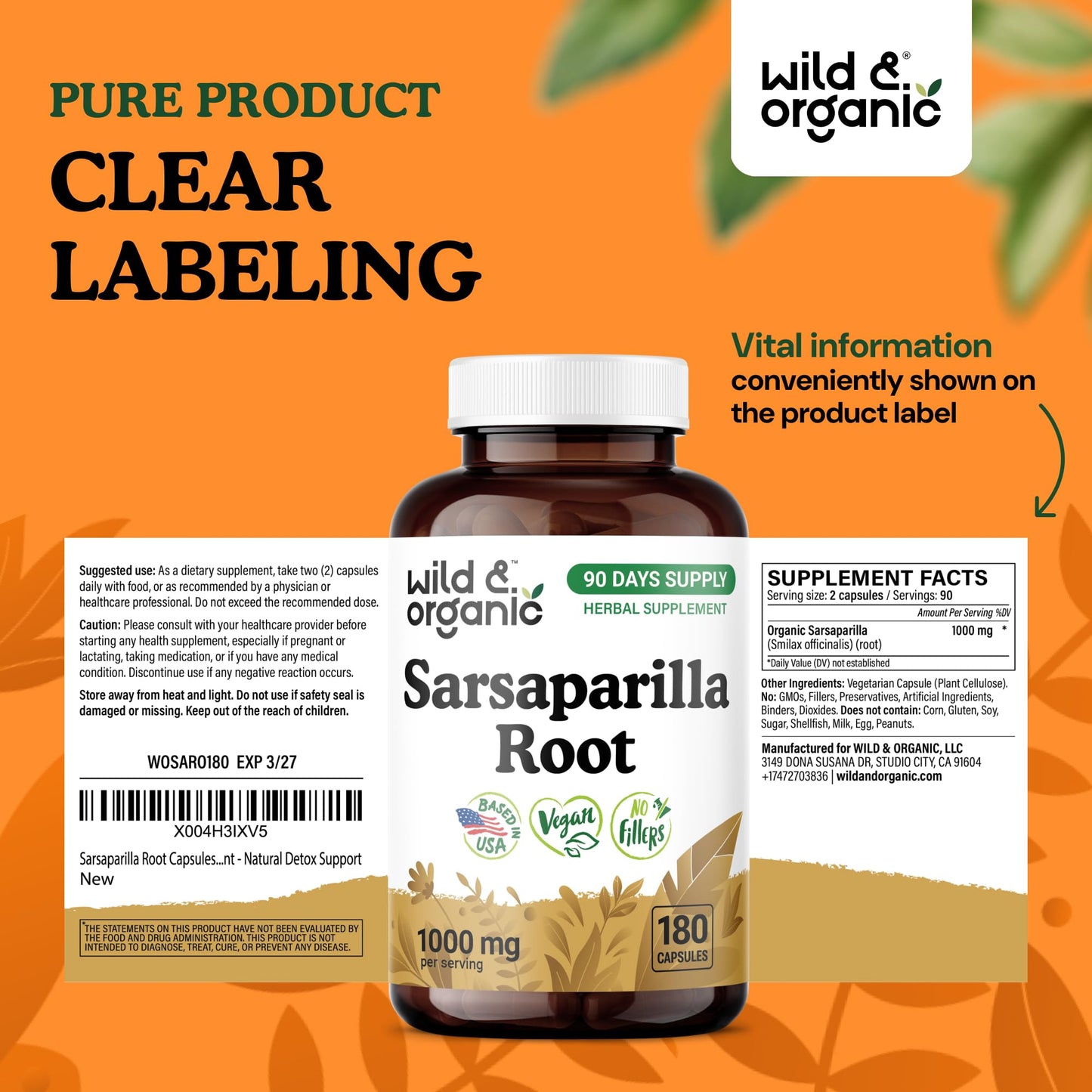 Wild & Organic Sarsaparilla Root 1000mg Capsules, 180 Count