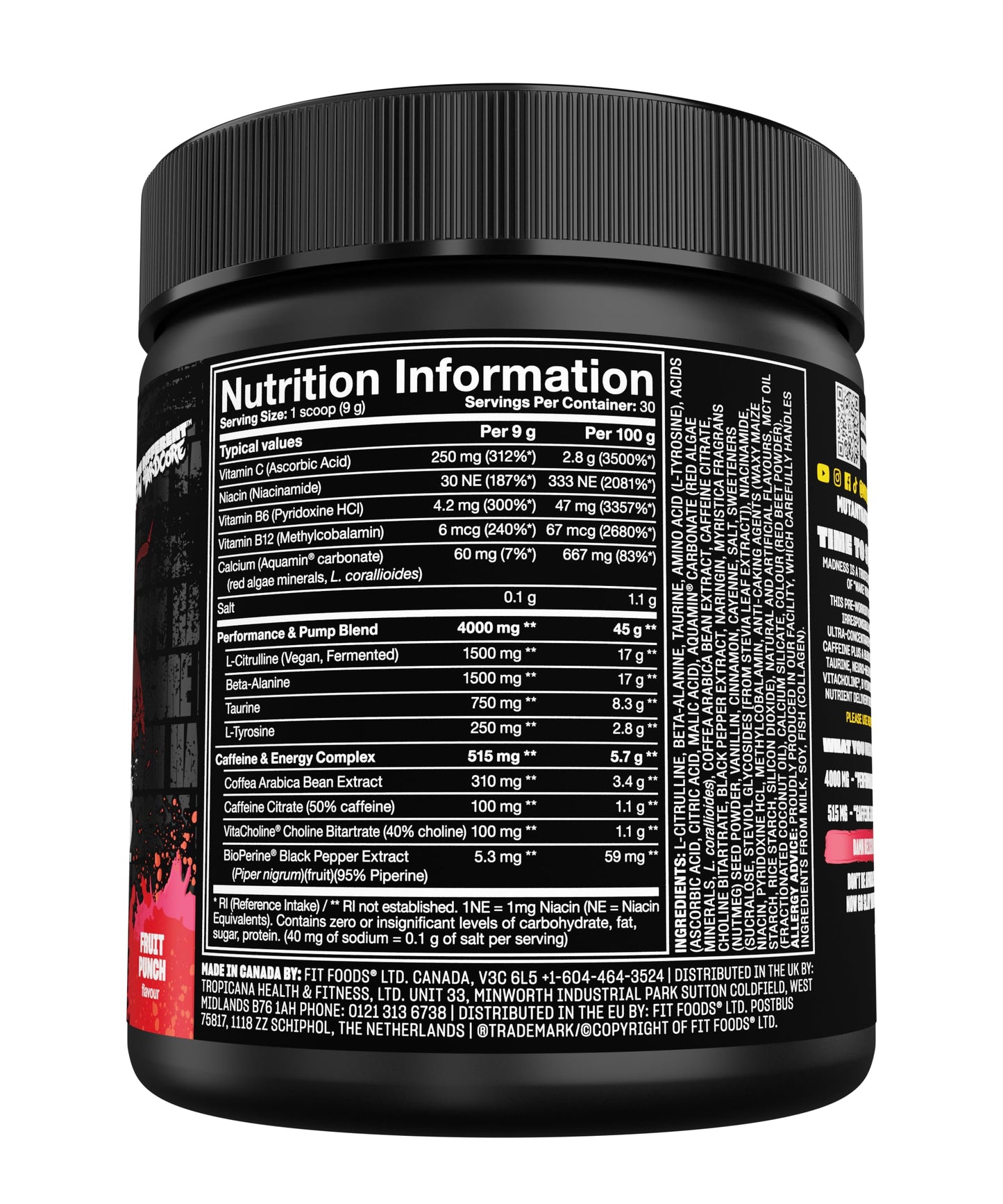 Mutant Madness Pre Workout Powder Performance and Pump Blend, 30 Servings, Fruit Punch