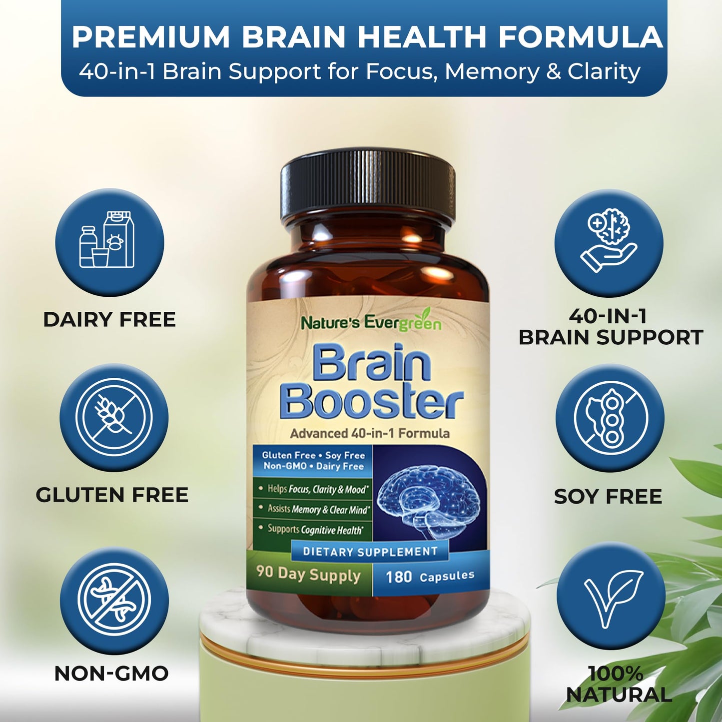 Nature's Evergreen Brain Booster 40-in-1 Formula Nootropic Supplement Capsules, 180 Capsules