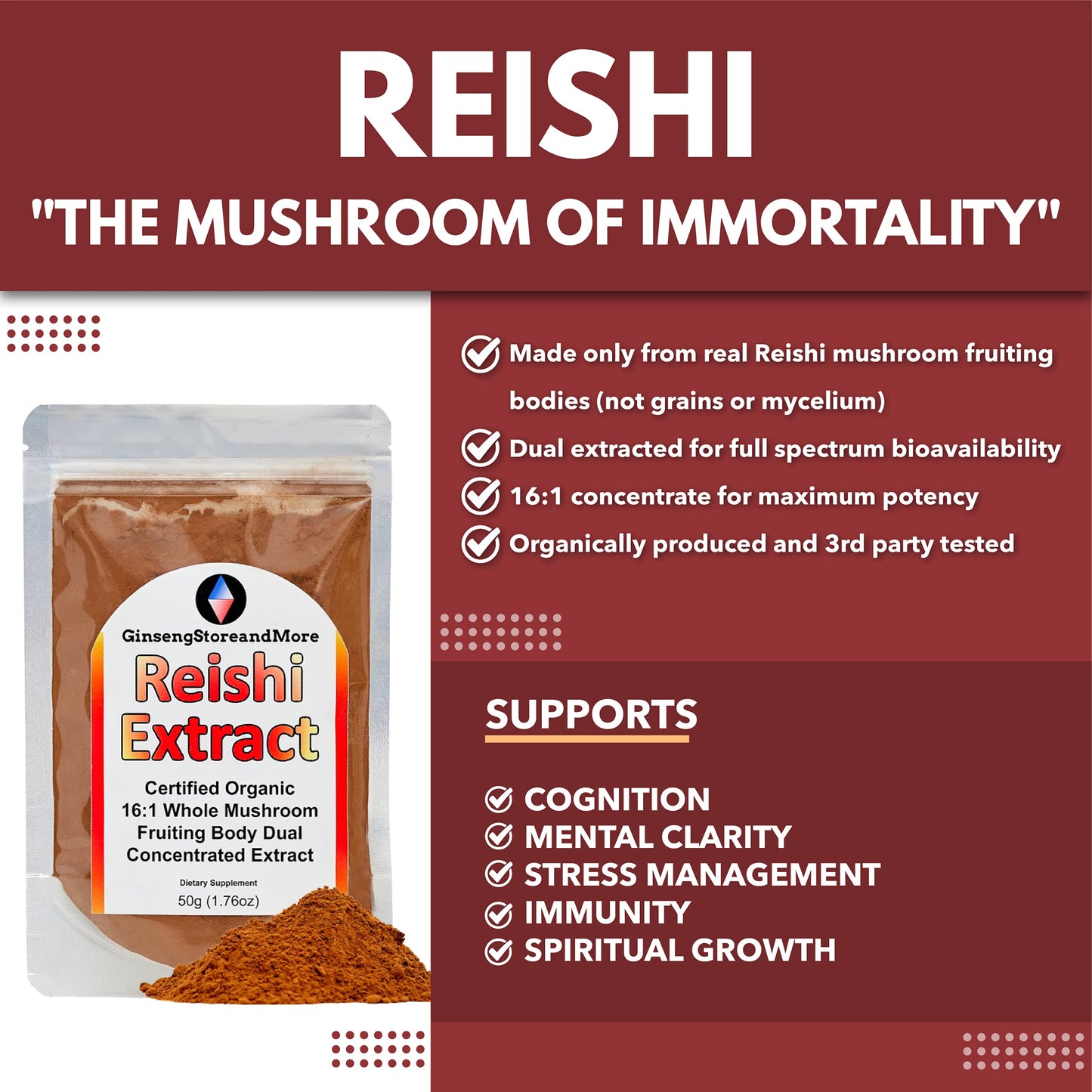 GinsengStoreAndMore 16:1 Reishi Mushroom Dual Extract Powder, 1.7637