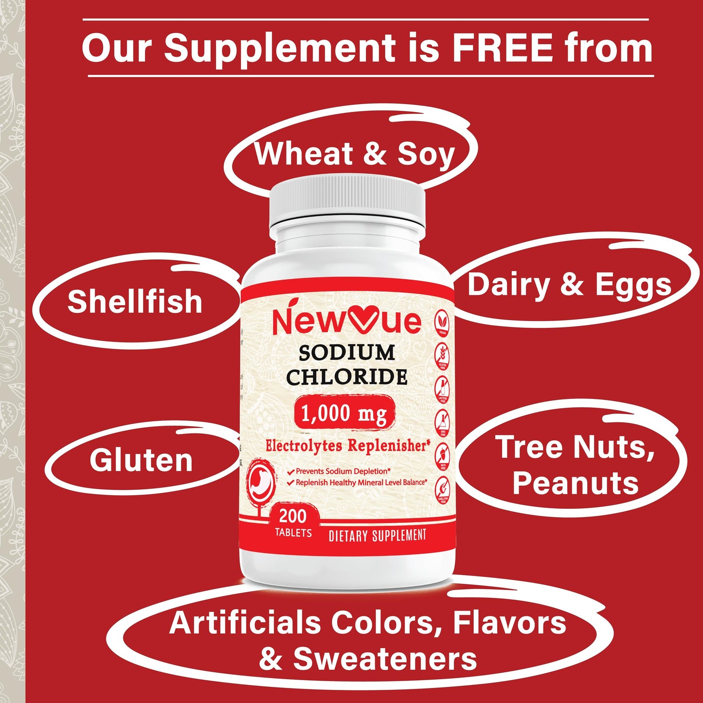 NewVue Sodium Chloride 1000mg Tablets, 200 Count