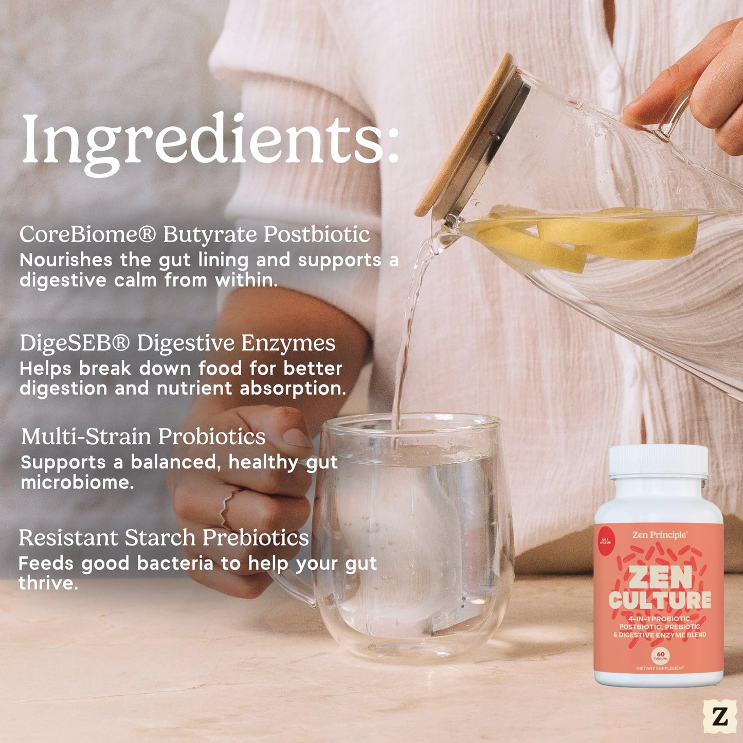 Zen Principle Zenculture 4-in-1 Synbiotic Supplement with CoreBiome Capsule, 120 Capsules