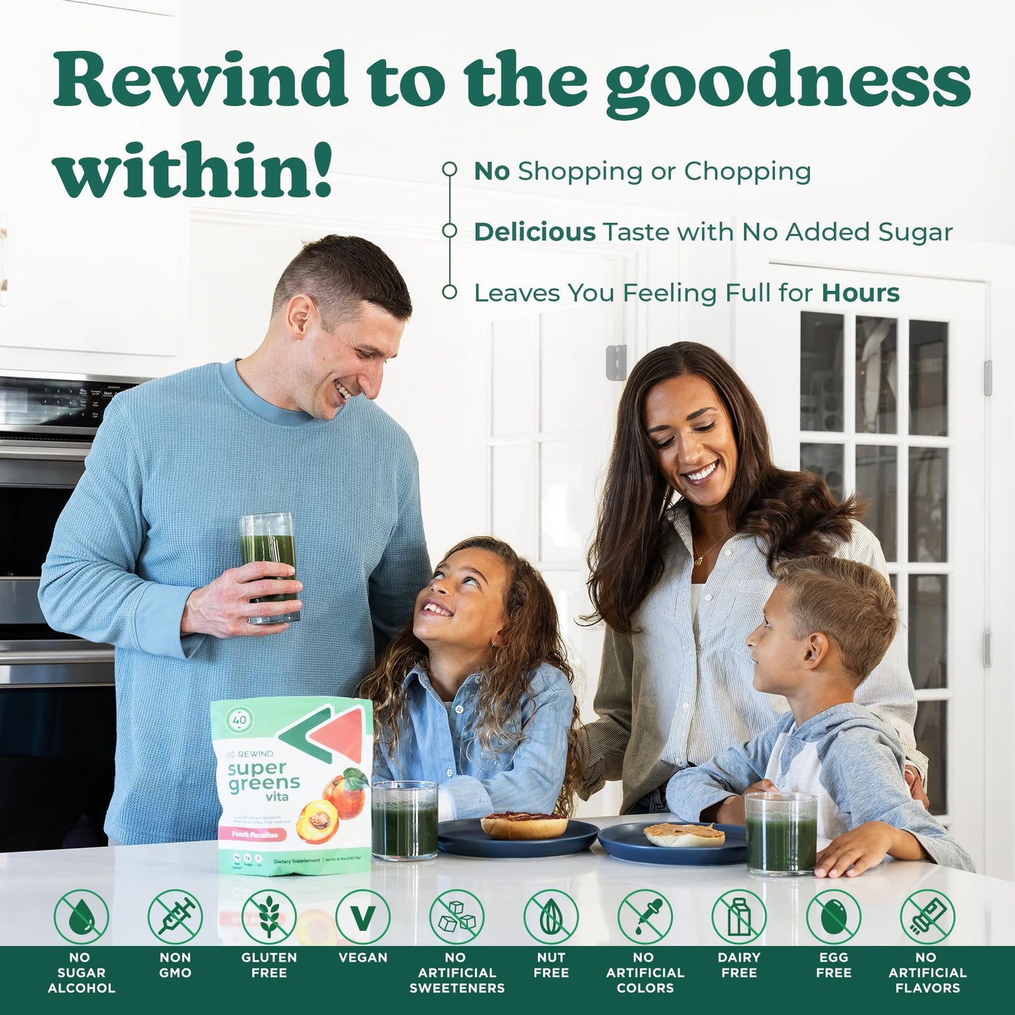 Rewind Best Tasting Super Greens Powder with 40+ Superfoods Pineapple Flavor, 8.5 Ounce