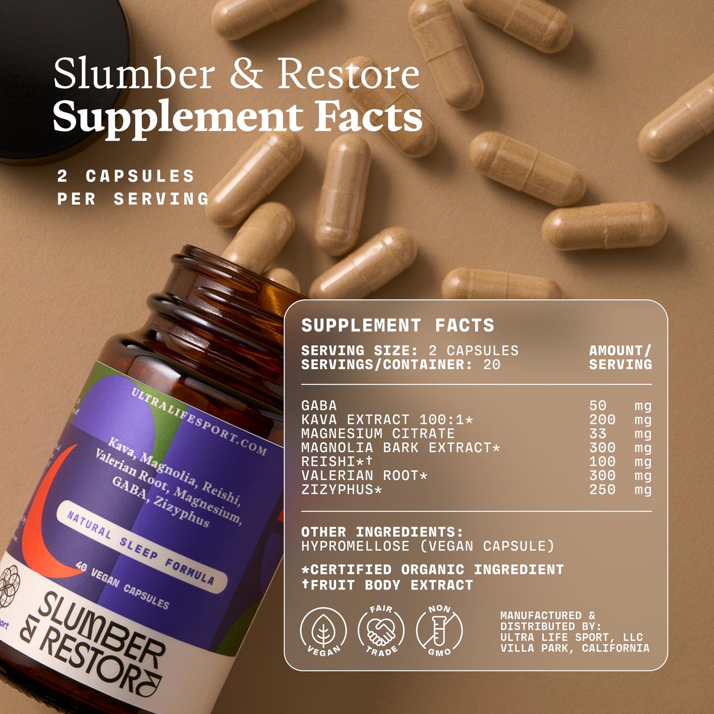 Ultra Life Sport Slumber & Restore – Natural Bedtime Supplement Capsules, 40 Count