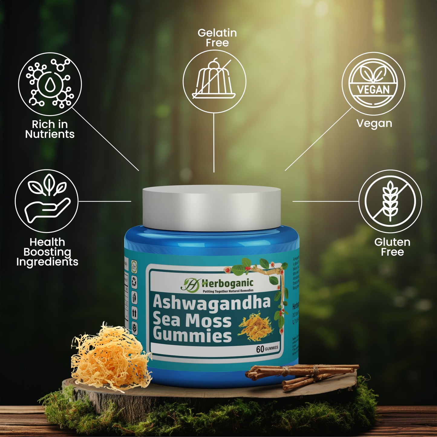 HERBOGANIC Ashwagandha Sea Moss Gummies 60 Count