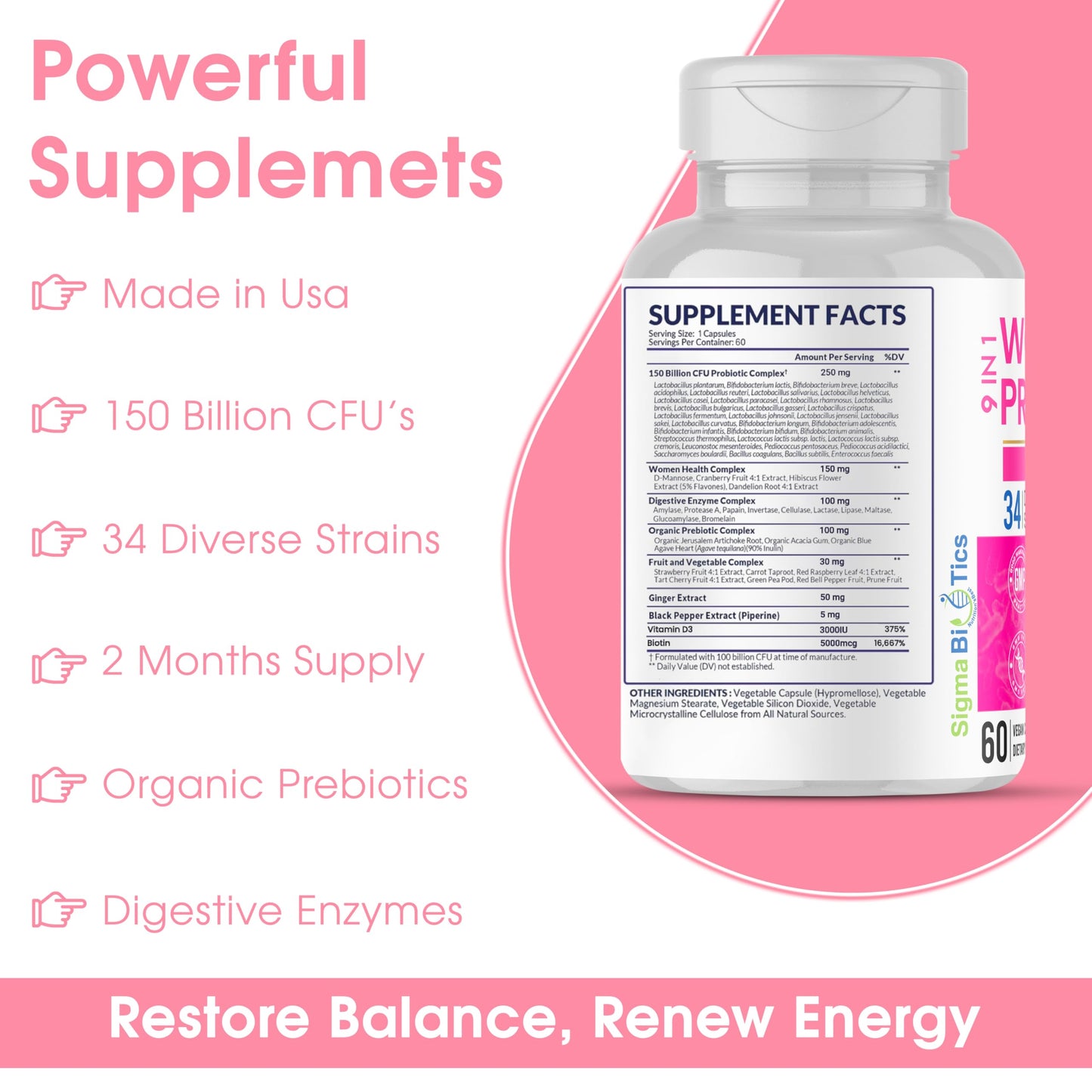 SigmaBiotics Women's Probiotics 150 Billion CFU – 34 Strains with Organic Prebiotics & Digestive Enzymes – Urinary Tract & Digestive Health – Gluten-Free, Non-GMO, Dairy-Free – 60 Vegan Capsules with D3 and Biotin