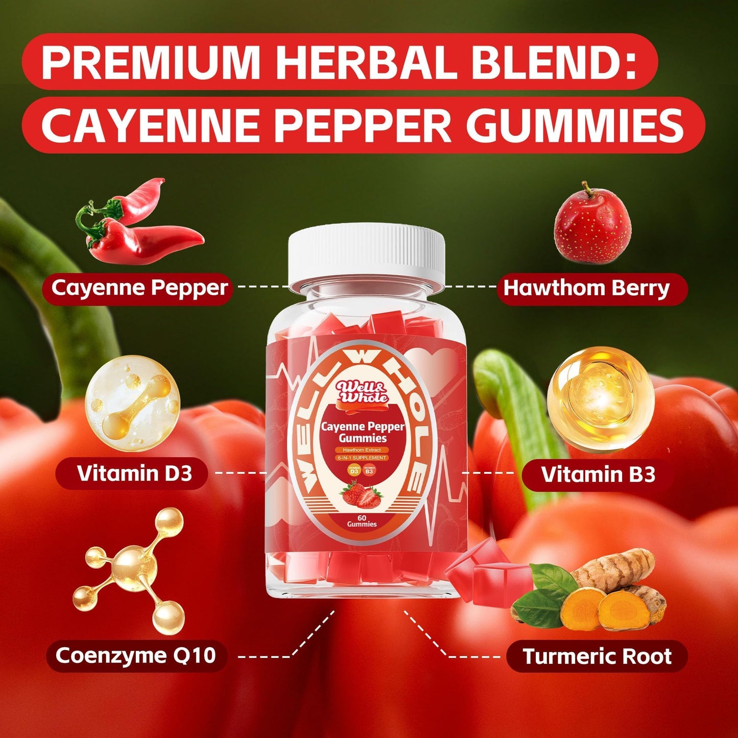 Well&Whole Cayenne Pepper Extract Gummies with Hawthorn, CoQ10, Turmeric, Niacin and Vitamin D3 - Support for Cardiovascular Health, Energy and Vitality - Vegan & Non-GMO, 60 Gummies