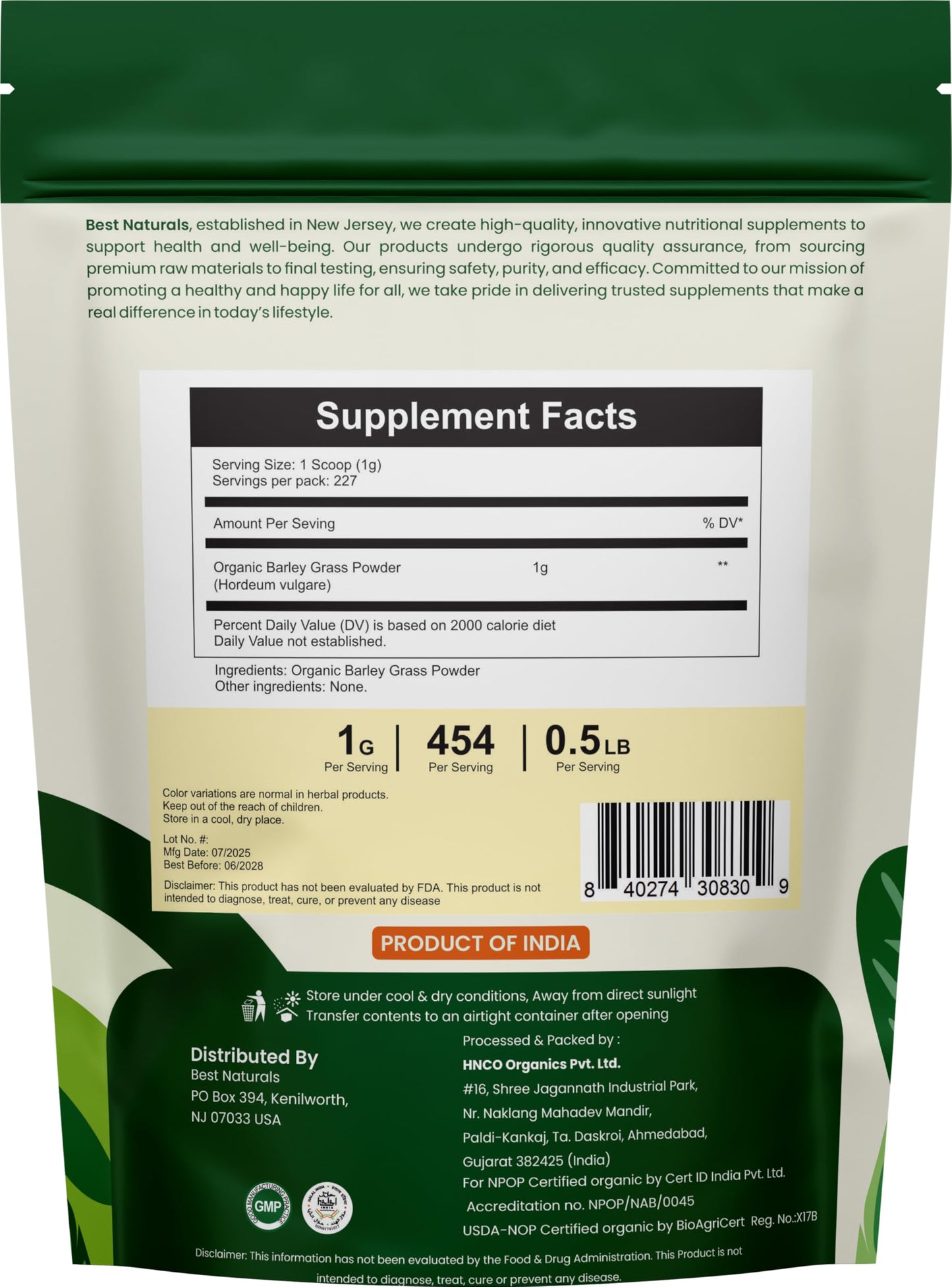 Best Naturals Barley Grass Powder, USDA Organic, 8 oz