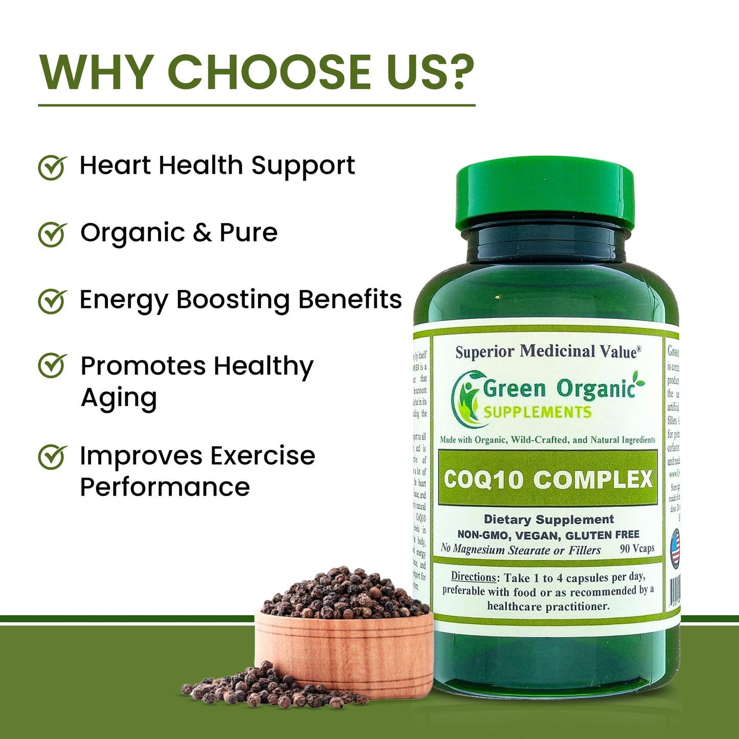 Green Organic Supplements CoQ10 Complex, Ubiquinone, 90 Capsules