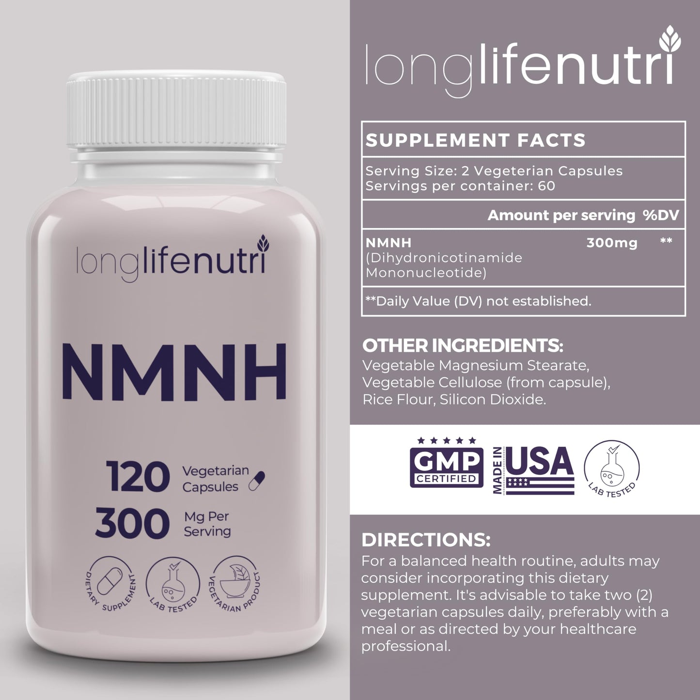 LongLifeNutri NMNH 300mg (Dihydronicotinamide Mononucleotide) Capsule, 120 Capsules