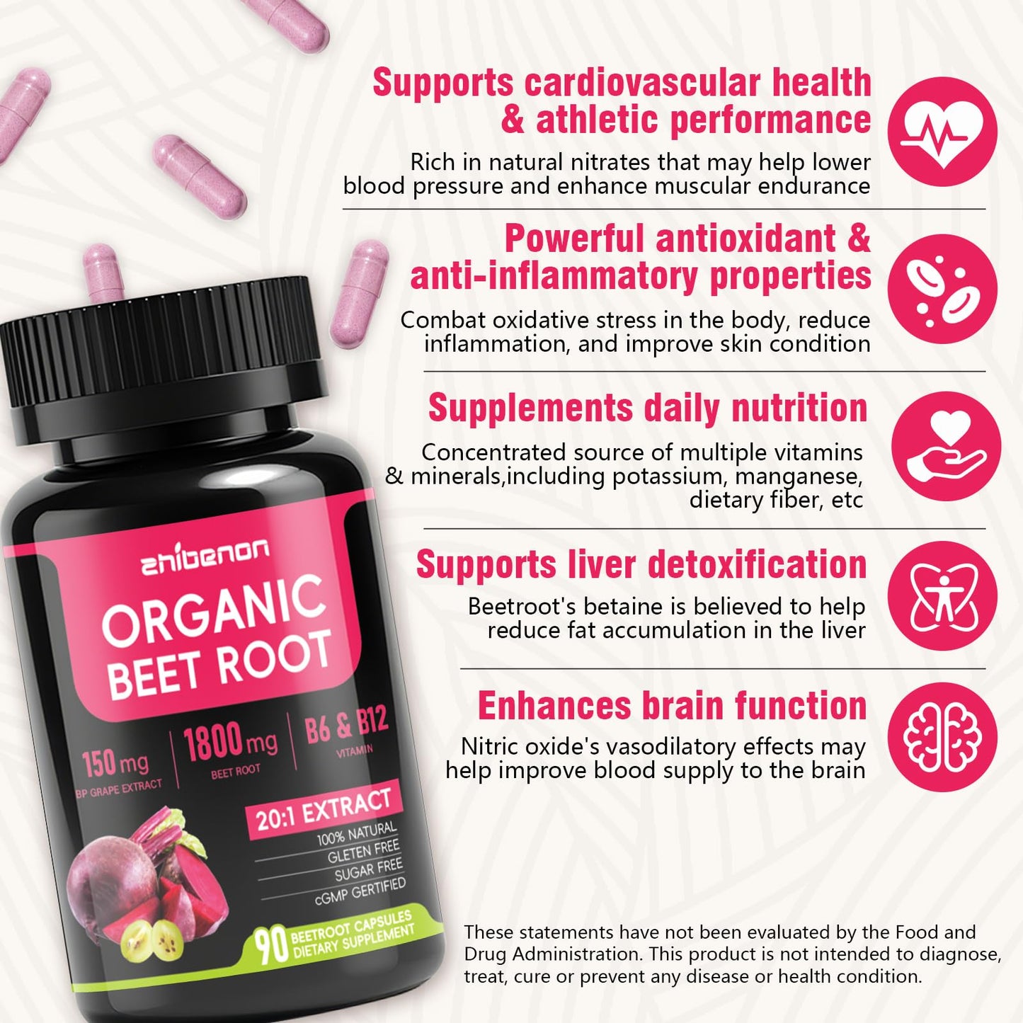 Zhibenon Beet Root Capsules 1800mg Beetroot 20:1 Extract with Grape Seed Hawthorn, Nitric Oxide Booster for Circulation and Heart Health, Non-GMO, Gluten-Free, Vegan, 90 Capsules