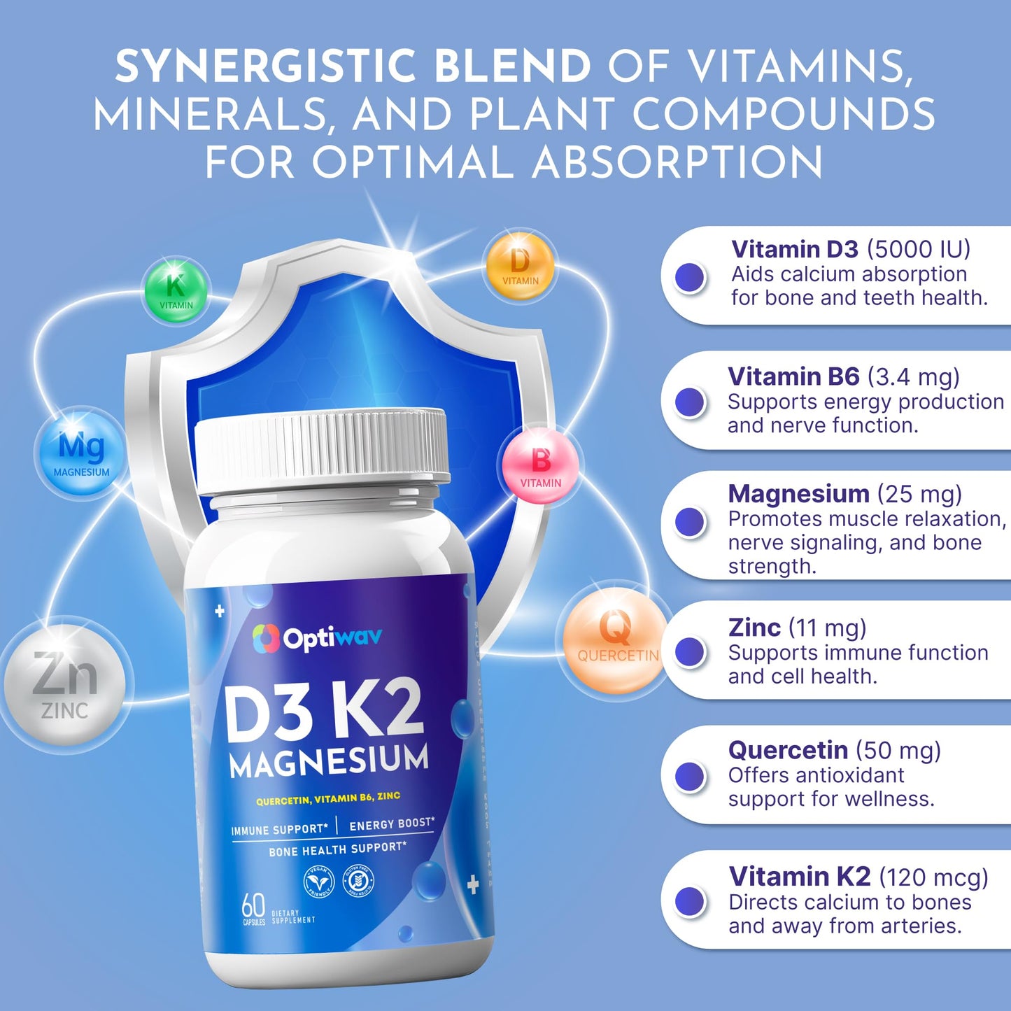 Optiwav Vitamin D3 K2 Magnesium Glycinate Zinc Quercetin Capsule 60 Count